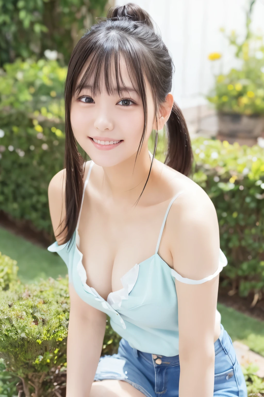 Slim female junior high school student、Small areola、She is smiling、Dress with a slit、Fair skin、shoulder、clavicle、The nipples are transparent、