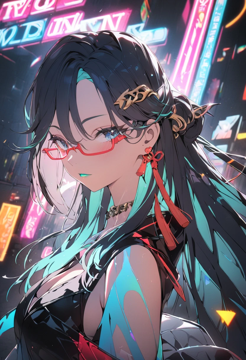 1girl, beautiful detailed eyes, beautiful detailed lips, hip-hop style outfit, street style fashion, urban jacket, urban city background, neon lights, vibrant colors, dynamic pose, graffiti art, cinematic lighting, , showing bare shoulders, cleavage,big breasts, 8k, high quality, cinematic, highly detailed, sharp focus,physically-based rendering,extreme detail description,professional,vivid colors,bokeh,portraits, long hair, 1girl, solo, mature female, blue_eyes, long_hair, black_hair,semi-rimless_eyewear, hair_ornament, red-framed_eyewear, blue_hair, multicolored_hair, bangs, black gloves, mature female, unaestheticXL_bp5, (negative_v2 Color_Balance_Calibration:0.8), best quality, masterpiece),  earrings, jewelry, makeup, lipstick, red lipstick, whole body, full body shot
