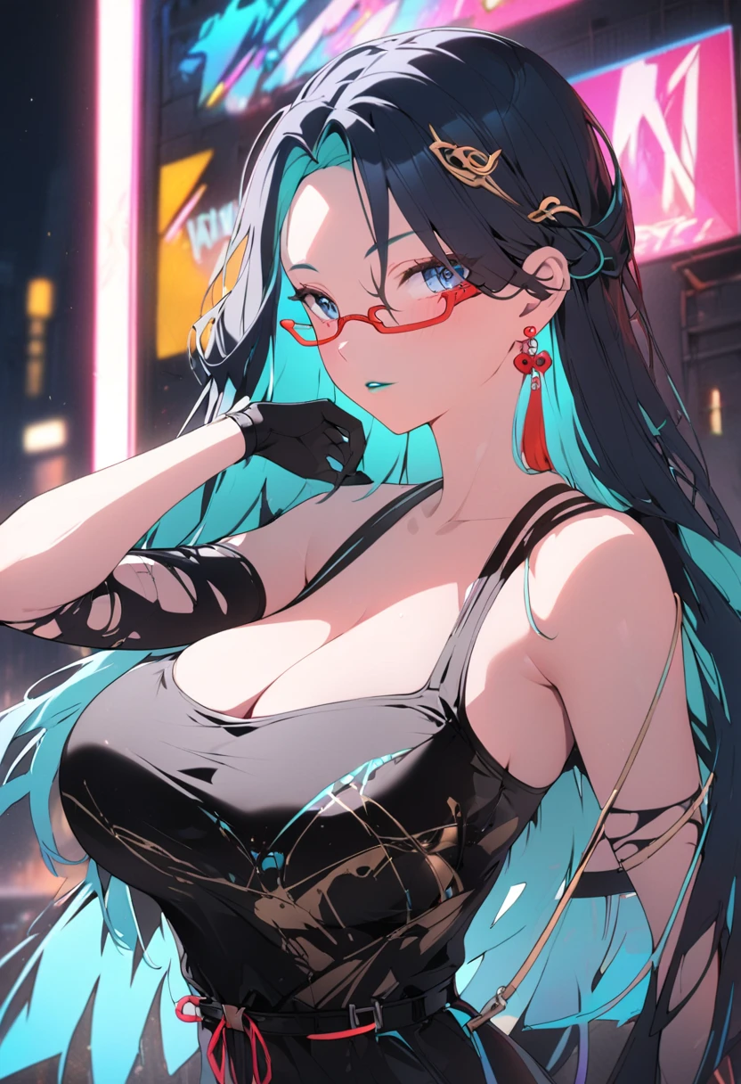 1girl, beautiful detailed eyes, beautiful detailed lips, hip-hop style outfit, street style fashion, urban jacket, urban city background, neon lights, vibrant colors, dynamic pose, graffiti art, cinematic lighting, , showing bare shoulders, cleavage,big breasts, 8k, high quality, cinematic, highly detailed, sharp focus,physically-based rendering,extreme detail description,professional,vivid colors,bokeh,portraits, long hair, 1girl, solo, mature female, blue_eyes, long_hair, black_hair,semi-rimless_eyewear, hair_ornament, red-framed_eyewear, blue_hair, multicolored_hair, bangs, black gloves, mature female, unaestheticXL_bp5, (negative_v2 Color_Balance_Calibration:0.8), best quality, masterpiece),  earrings, jewelry, makeup, lipstick, red lipstick, whole body, full body shot
