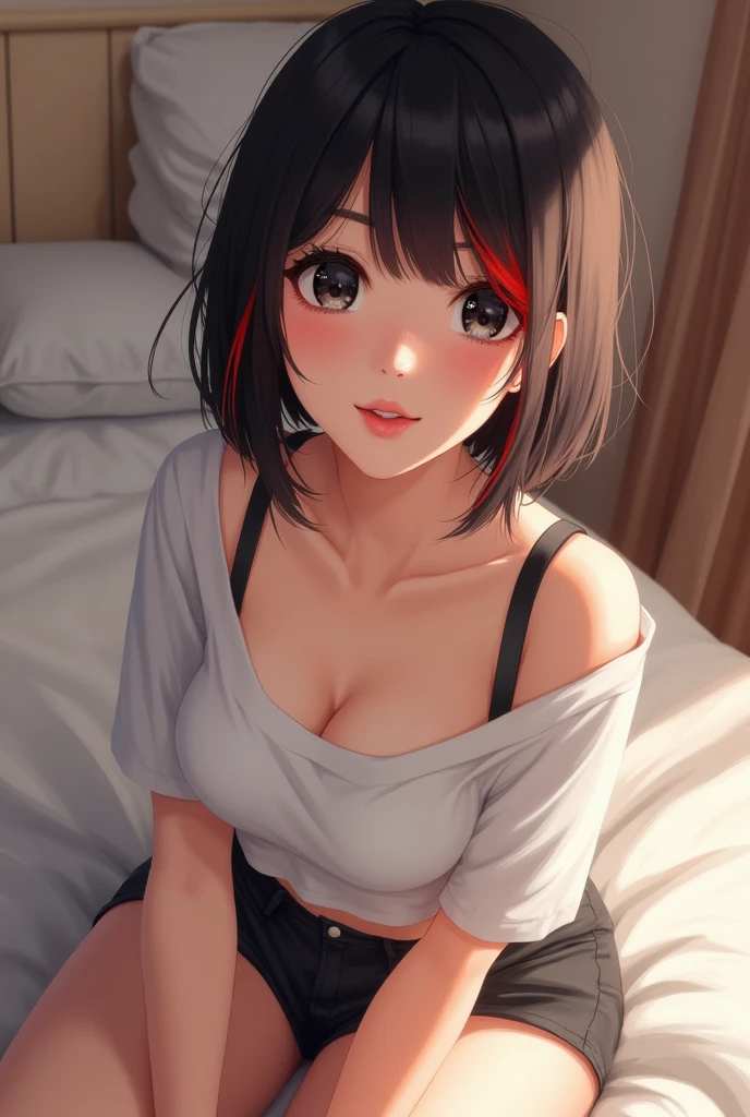 realisticlying、45-year-old girl、(((Grab your own chest)))Farbe々Strengthen your ace by wearing this T-shirt，Chest super large zoom，Cleavage emphasis，Looking up from the bottom，Blushing，Red lips，A sexy，Bed sit，Open your mouth wide、Put your arms around the back of your head、Wearing underwear