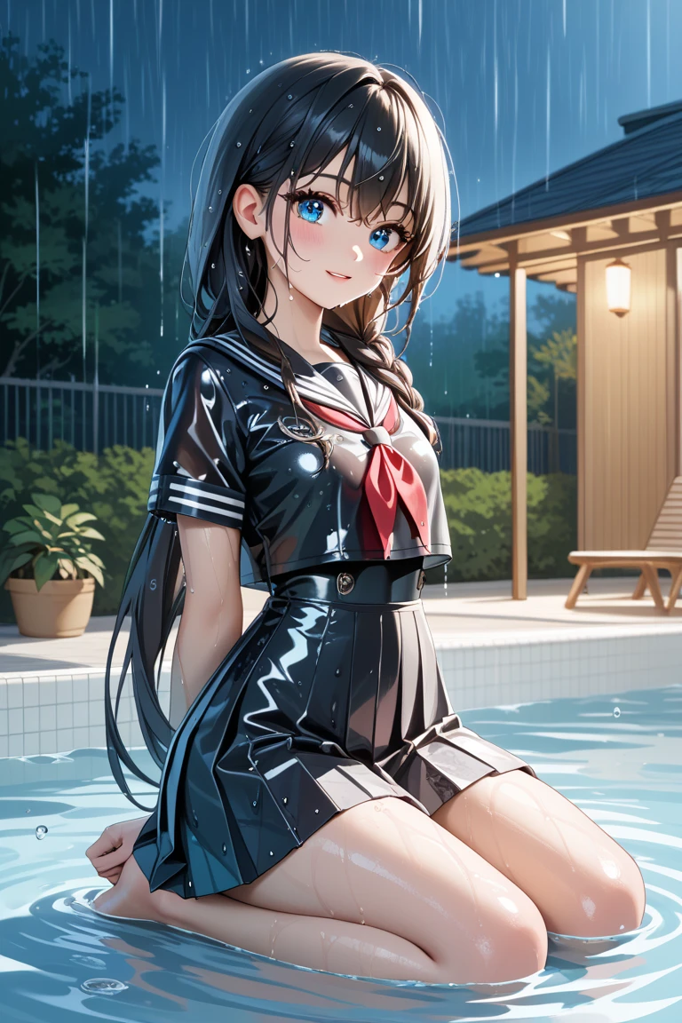 1 woman, HD quality, (ahegao:1.4), (orgasm:1.4), (drooling:1.3), (sheer white long thigh-high socks), (sheer white satin long gloves), (glowing eyes), best ratio four finger and one thumb, Large breasts, cleavage, (sitting on a poolside with one knee up:1.5), (showing pubic area:1.7), at night, rainy, Green eyes, (Crop Top white shirt:1.5), (Micro thong:1.5), (under boob:1.5), (Sailor uniform only for the upper body:1.5), blue sailor collar,(black high-heeled shoes), red ribbon tie