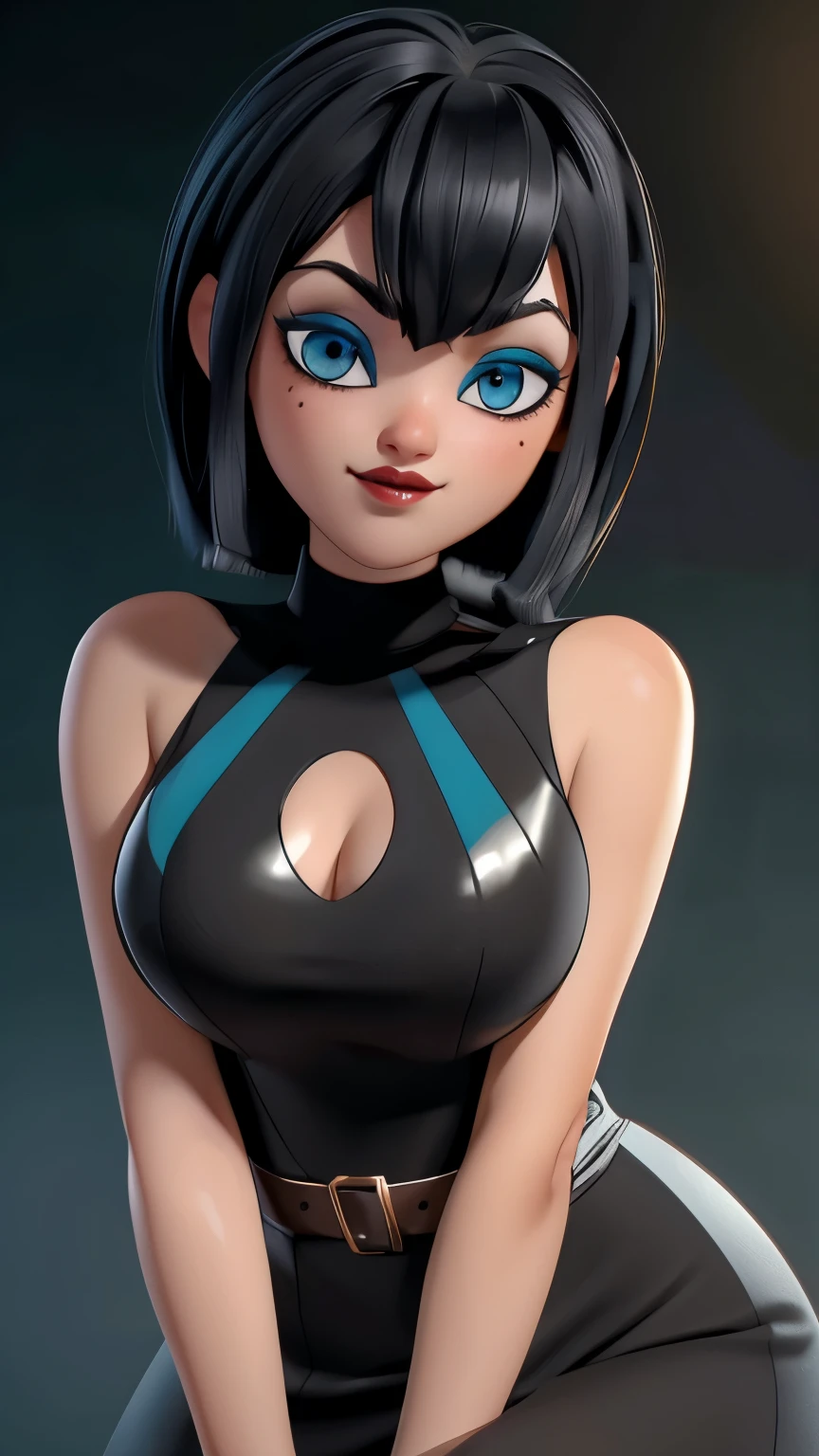 (best quality:1.4),(shiny skin), body focus, (cute face), (((best quality))), illustration, ((Beautiful Finger)), , Beautiful body, Beautiful character design, ,perfect lighting, Colorful, Bright_Front_face_Lighting, ultra high res, highres, absurdres:1.2, bokeh:1.2, lens flare, (vibrant_color:1.2), (thick thighs:1.1), THICK, Black hair with bangs, pale skin, large round blue eyes, black eyeliner, black lipstick, neutral expression, brown sleeveless dress