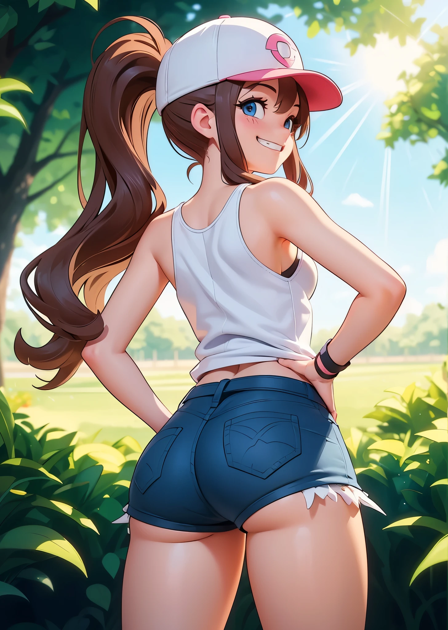 [hilda \(pokemon\)], [Pokemon], ((masterpiece)), ((HD)), ((high res)), ((solo portrait)), ((back view)), ((waist up)), ((cute anime aesthetic)), ((detailed shading)), ((intricate details)), {(attractive figure), (brown hair), (long ponytail), (cute blue eyes), (small breasts), (curvy hips), (beautiful legs), (smug grin)}, {(white tank top), (short jean shorts), (exposed pockets), (white baseball cap with pink brim)}, {(hand on hip), (looking back at viewer)}, [ambient lighting, plains, park, sun rays, trees, sunset]