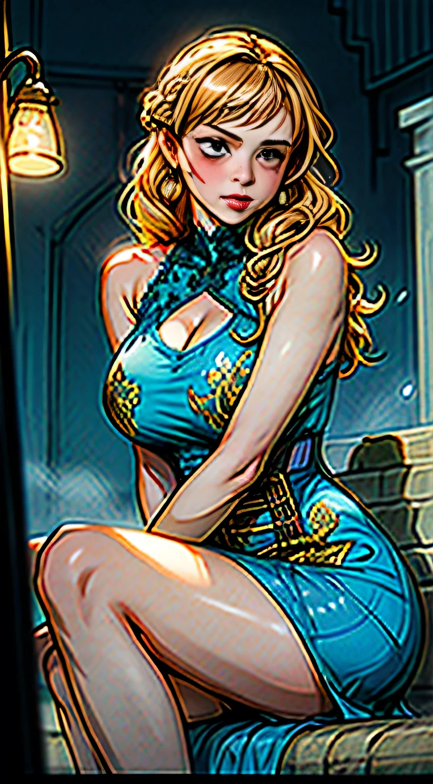 (masterpiece) (best quality) (perfect face) In a beautiful anime style. A beautiful young woman dressed as a witch. Long hat, blue harness and frilly skirt. She's standing there making invocations, with an evil, sneaky look on her face. A burning circle surrounds her, but there is decorative lighting in a crypt.