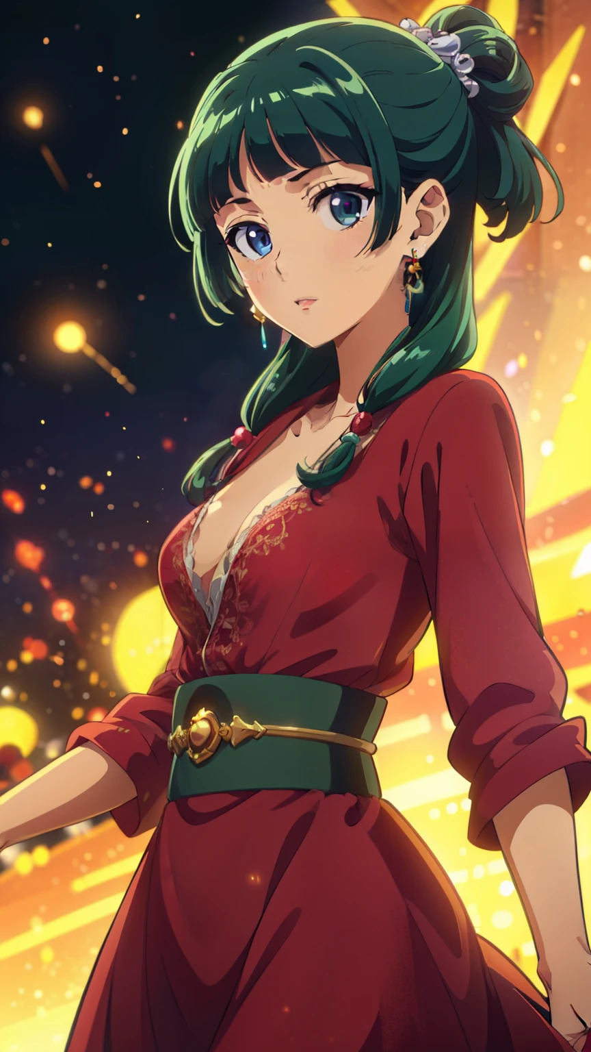 Top quality (8k, high resolution, masterpiece: 1.2), super detailed, anime art style, dynamic angle, (green hair, blue eyes:1.3), (anche red dress girl), (small medium breast:1.2), detailed green hair, detailed blue eyes, intricate hairstyle, long hair, slim body, perfect eyes, youthful, hair accessories, earrings, half-updo, slightly dull bangs, detailed lighting, bright colors, looking at the viewer, in the center of the image, (cowboy shot:1.3),