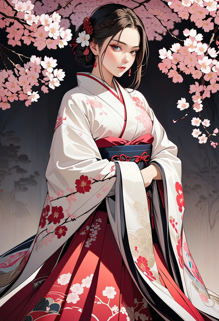 A full-body artwork of a modern female warrior with a presence that is ultra-realistic and highly detailed. Her long, intricately braided hair cascades down her back, with subtle highlights adding depth to her hair. Her beautiful clear eyes and freckled complexion add to her natural beauty. The subject is dressed in a traditional, beautiful outfit that combines a traditional kimono with intricate embroidery and cherry blossom embroidery, with a red and pink cherry blossom patterned skirt that flows with angular precision. Her kimono is decorated with colorful elements that give a sense of history and tradition, exuding an aura of mystery. The background is minimalist with a neutral gradient, with the character's dignified yet graceful posture in full focus. Every detail of texture, lighting, and shadow is impeccably attended to, showcasing realism and individuality.