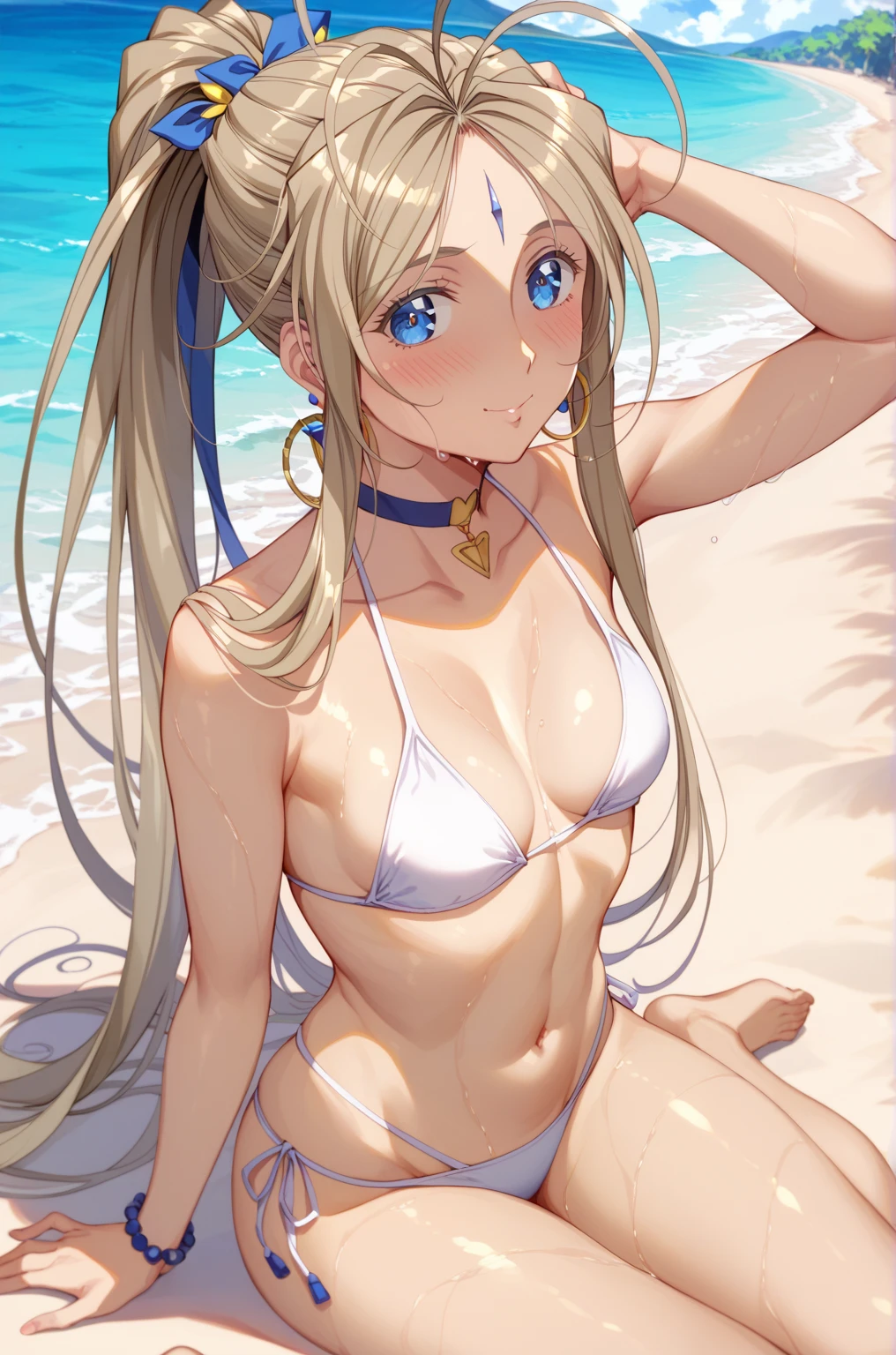 (Belldandy:1.2)、 1 woman、solo、25-year-old woman、Light brown hair、Shiny Hair、 high ponytail、 blue eyes、Glamorous eyes、 beautiful eyes、 textured skin、 small breasts、White swimsuit、bikini、リボンがついたbikini、 blue accents、Wet、Sunset beach、( sit with crotch open、slouch)、 cleavage、 high definition ,  best quality、 Detailed Details, Gorgeous golden hair ornament、 Gold Gorgeous Earrings、 choker、Blushing with embarrassment、( blur the background :1.25)、NSFW