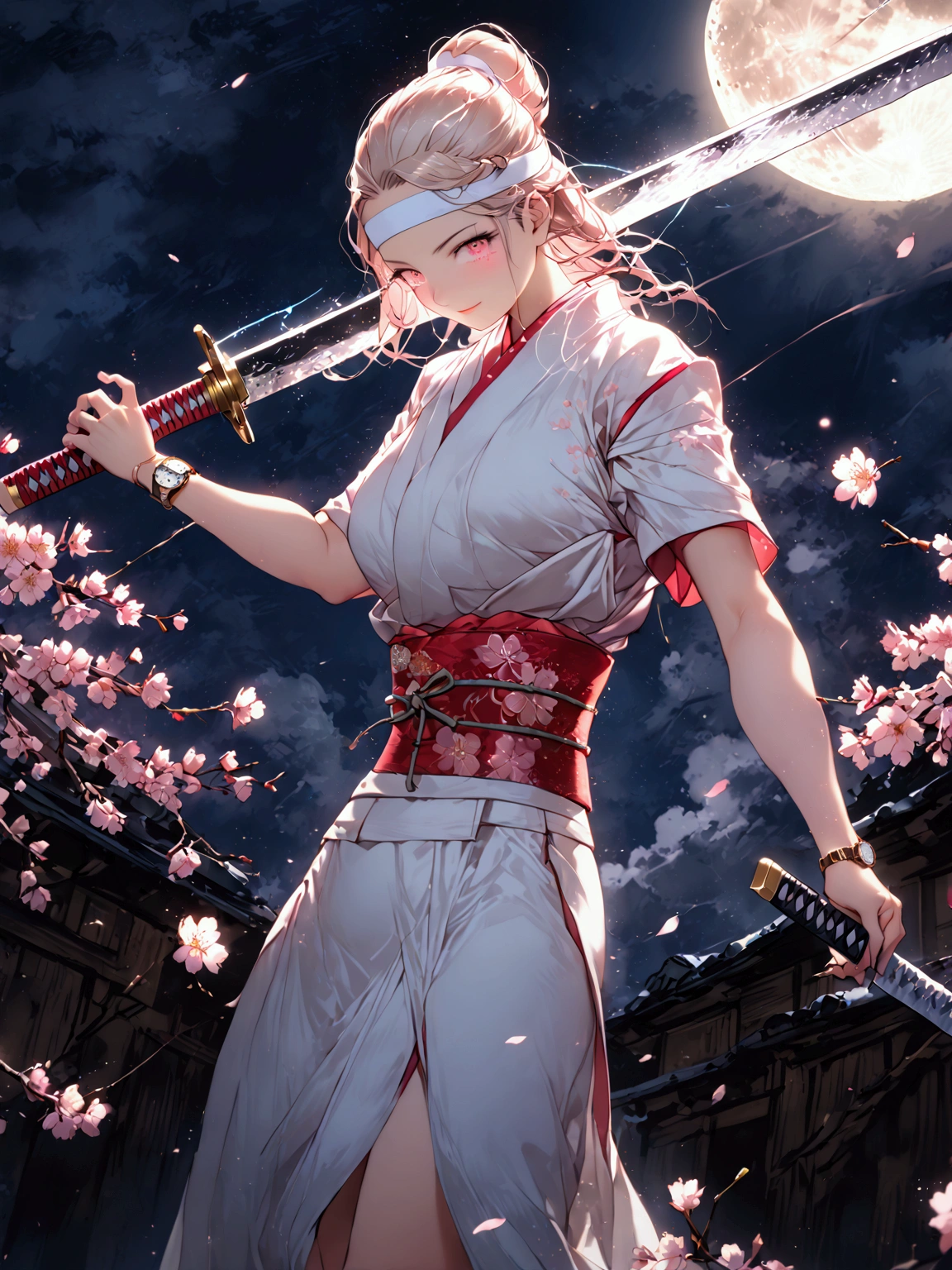 1 female, Old Japanese Female Warrior  、Female warlord、Warrior Princess 、Goddess of War、古い日本の鎧、(((Clothing)))、white headband、smile、(Glowing Eye Trail)、Having an old Japanese sword 、prepare、(((Night Sky)))、(((cherry blossoms)))、(((moon)))、「  best quality、  Masterpiece 、   Illustration  、   is very delicate and beautiful  、 非常に Detailsな、CG、8k wallpaper、 wonderful、  Details、  Masterpiece 、最高の究極の芸術 非常に Detailsな CG Unity 8k wallpaper」、(((  watch viewers)))、milk