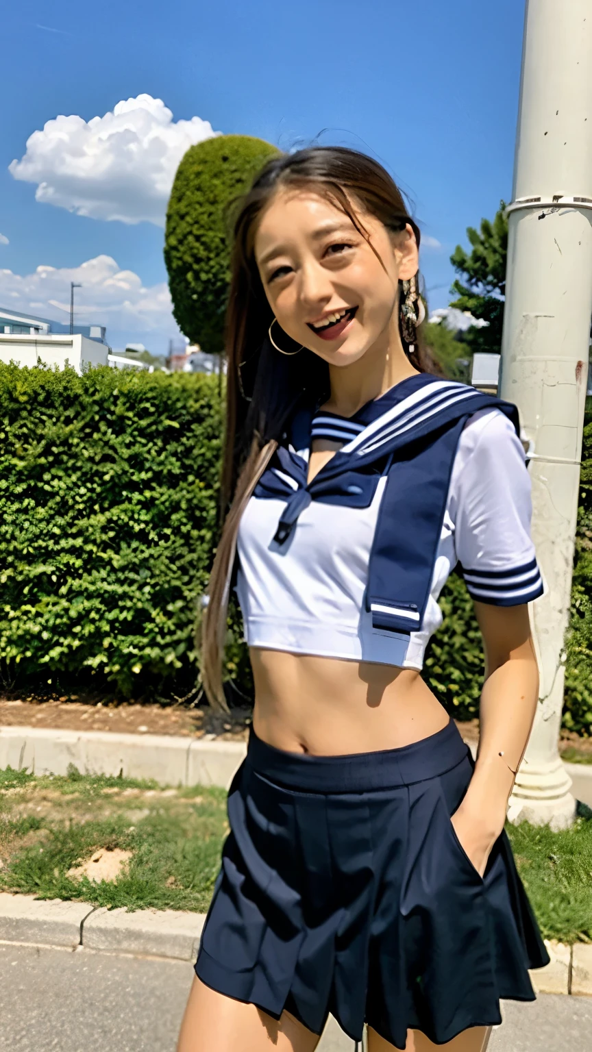 (8k、RAW Photos、highest quality、masterpiece:1.2)、(Realistic、Photorealistic:1.37)、1 girl、Wearing a sailor suit、Roll up your skirt、A large amount of cloudy sperm flows out of the vagina, Protruding areola、Gal、Lots of eyelashes、Eyelid wrinkles、Dark red knee-high socks、Spread your legs、wavy twin tails、Cute Smile、Sweaty body、Attractive body、Plump body、Beautiful and perfect body、V-line emphasis、Put your hands behind your head、Whip Body、Plump body,Chubby、Stripped in the middle of Shibuya's scramble crossing