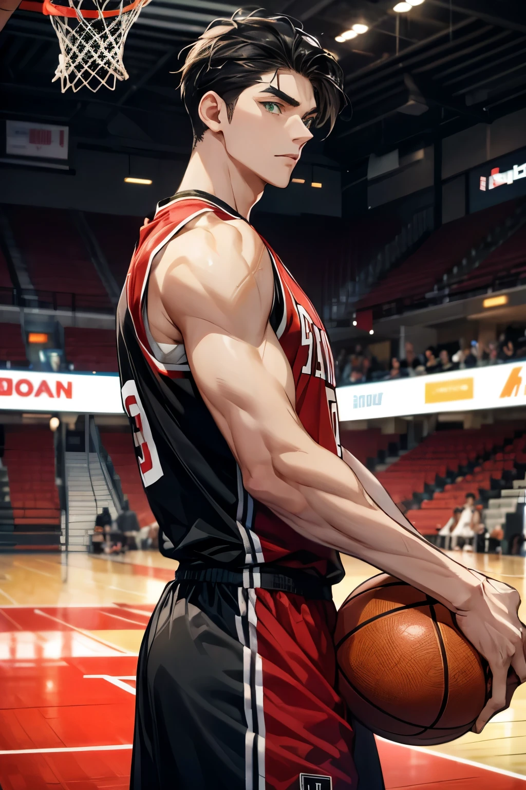 Male, masculine, hirsute, red hair, european, flex, pale skin, sweat, basketball player, holding basketball