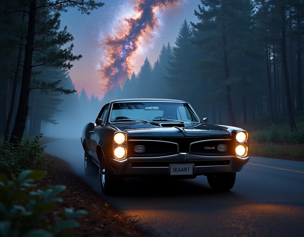 black pontiac gto 1967 lisence plate "SeaArt" side drifting in forest foggy night headlights on, with an explosion of a nebula, photo for computer wallpaper