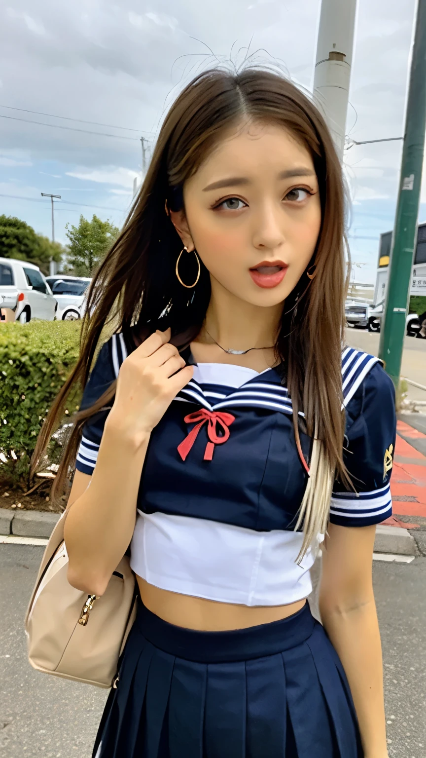 Shot alone)、((((17 years old beautiful girl))))perfect style、anime girl、beautiful anime woman、anime girl 、Adorable anime girl、Beautiful anime girl、Beautiful Asian Girl Ever、perfect girl、japanese goddess 、surreal anime、best quality、masterpiece、enlightenment、very delicate and beautiful、very detailed、  nffsw, 8k wallpaper, grow, attention to detail, masterpiece, highest quality, art by, AJC 8k wallpaper is very detailed, Huge file size, super detailed, High resolution, Ultra - High resolution, very detailed, Details of a beautiful girl, The eyes and face are very detailed, beautiful and fine eyes, (RAW photo、highest quality), (realistic, photorealism:1.3),, light shines on your face, (brown haired: 1.3), chubby chest, beautiful loose hair、(eye swelling)、(K-POPアイドル))、(attractive)、bangs、(Attraction pose)))、dark eyeliner、long eyelashes、erotic、fringe、small earrings、small necklace、((laughter))、((sailor suit))，(((pleated skirt)))、(sweaty white skin)、Attractive breasts and ass、attraction、sexual、it&#39;s wet、very beautiful skin、long and beautiful legs、(Photoreal: 1.4), nice detailed eyes, dark eye makeup,(please show me your legs)、(see through the feet),((alone / alone Focueauty legs，(17 years old)，(((high school girl beautiful girl)))、wide hips、Huge 