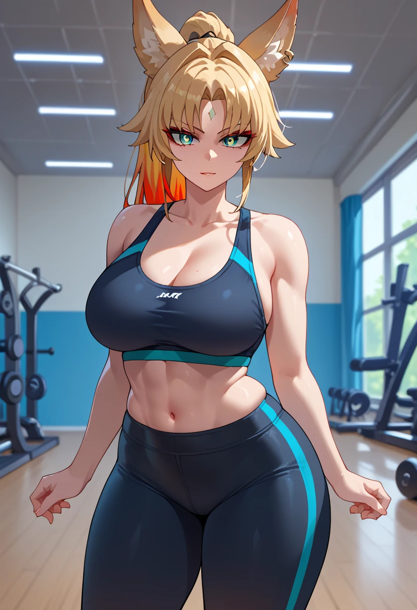 score_9, score_8_up, score_7_up, score_6_up, score_5_up, score_4_up, masterpiece, perfect face, perfect eyes, 4ng3l face, gym, sexy girl, 1girl, FeiRND, animal ears, long hair, ponytail, multicolored hair, white hair, red eyeliner, ringed eyes, forehead mark, ear piercing, solo, Feixiao sexy posing, black sports bra, yoga pants, skindentation, looking at viewer, seductive expression, (large breasts:1.3), thick thighs, front view,