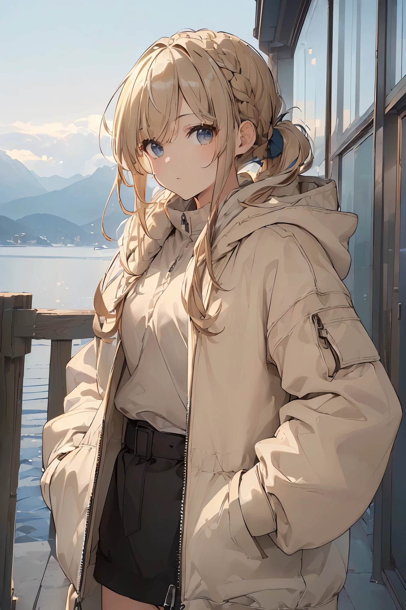 (((Best quality, 8k, Masterpiece: 1.3)), ((best quality)), ((masterpiece)), (detailed), perfect face, perfect body, (detailed skin:1.3), (intricate details), streaked hair, braided ponytail, Light khaki mountain parka, outerwear, women's, fleece, hood, outdoor