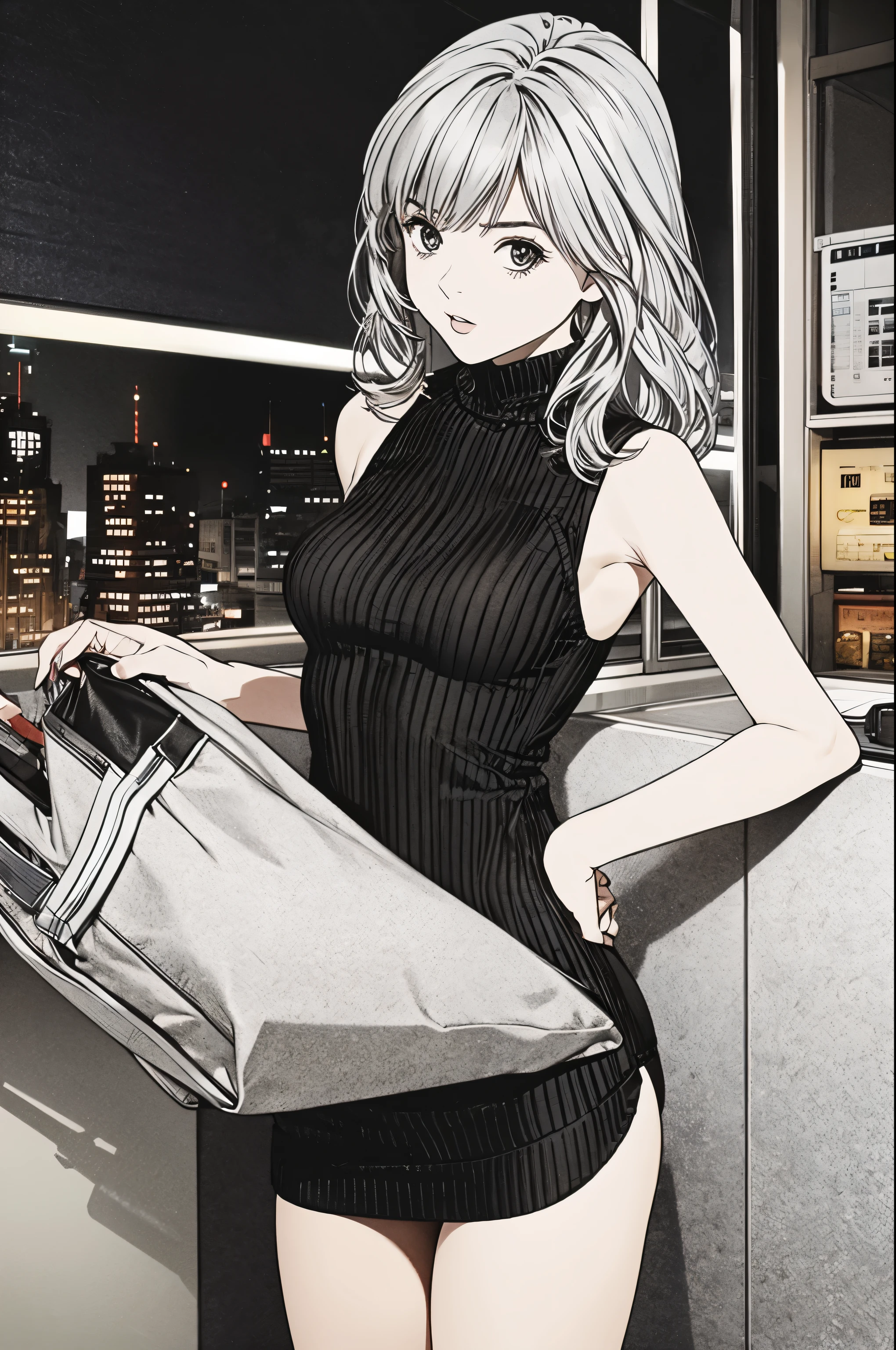   Masterpiece ,  high definition ,  best quality, Illustration,   super detailed ,  detailed face ,  DETAILS EYES ,  best quality,  super detailedな,( 1 girl,Silver Hair,),(grey turtleneck sweater dress,Backless, sleeveless),Lean forward, stretch your back to capture the natural beauty and personality of the , Stylish Cafes  ,Thief、Female Thief 、 sexy、
