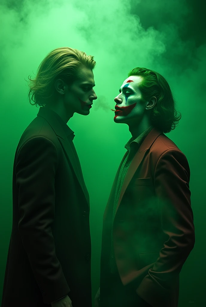 Create a new version of the Batman villain,the joker,an evil version,and wearing a stained straitjacket and carrying blood,with your mouth cut and deformed,and faded green hair