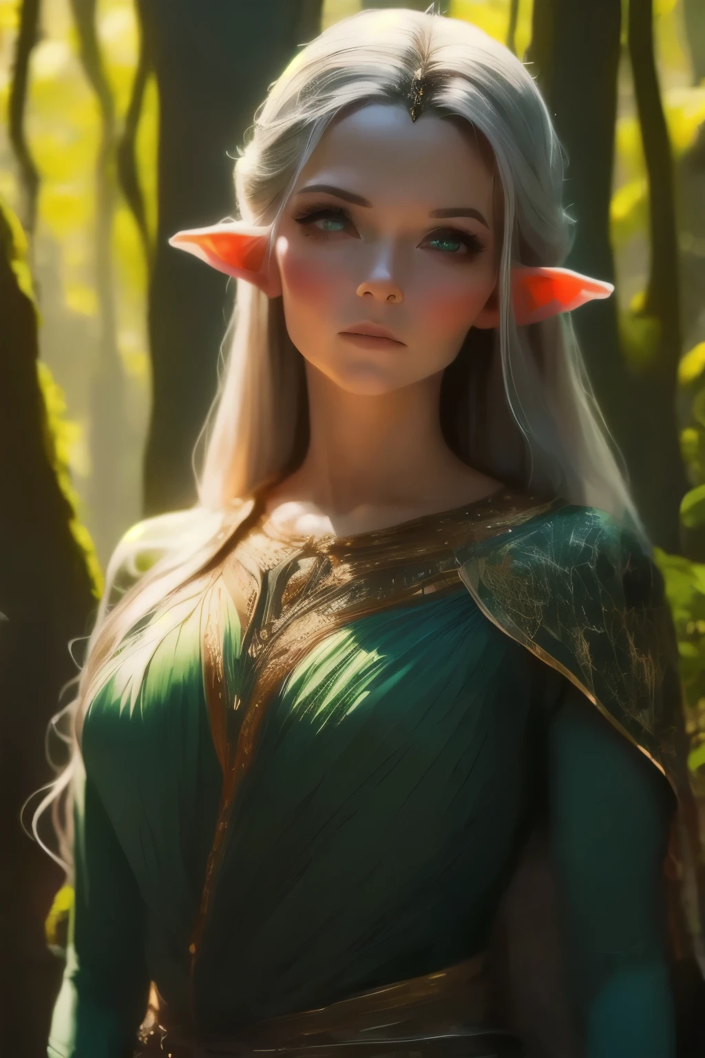 ((close-up face)). Galadriel, a radiant elven queen, standing gracefully in a magical elven forest bathed in soft, ethereal light. She is wearing a flowing green dress adorned with intricate golden embroidery, reminiscent of delicate vines and leaves, perfectly complementing the lush surroundings. Her long, silvery hair cascades over her shoulders, glowing softly in the dappled sunlight filtering through ancient, towering trees. The forest is alive with magical energy, featuring bioluminescent flowers, sparkling streams, and faint, glowing particles floating in the air. Her expression is serene and wise, her piercing eyes reflecting the timeless beauty and wisdom of the elves. The scene is infused with an otherworldly atmosphere, with fine details in the textures of her dress, the bark of the trees, and the vibrant flora. Photorealistic rendering, ultra-high-definition, with dramatic, yet soft lighting highlighting her elegance and the magical ambiance of the forest.