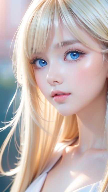 Very beautiful 、 super long silky shiny bright natural platinum blonde hair、Long bangs in the center of the face、 cute sexy  、Very beautiful blonde hair with incredibly bright sky blue eyes、 Blonde above one eye 、 bangs between eyes、Very big eyes、Ample Bust、Very white skin、 glowing skin、Gloss Face、Cheek gloss、 eyeliner 、Small Face Beauty、A very beautiful white girl