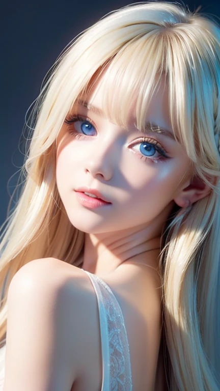 (Close-up:1.4)、(RAW shooting:1.2)、(photorealistic:1.4)、(masterpiece:1.3)、(highest quality:1.4)、bright look、exquisitely beautiful girl、extraordinary beautiful girl、Detailed cute and beautiful face、beautiful bangs、glowing white shiny skin、facial hair、Bangs that extend to the face、bangs between the eyes、super long hair、Attractive light and dark platinum blonde super long straight silky hair、thin hair、Charming shining beautiful bright clear light blue big eyes、luxurious dress、tiara、double eyelids、rich bust、Upper body、ancient city
