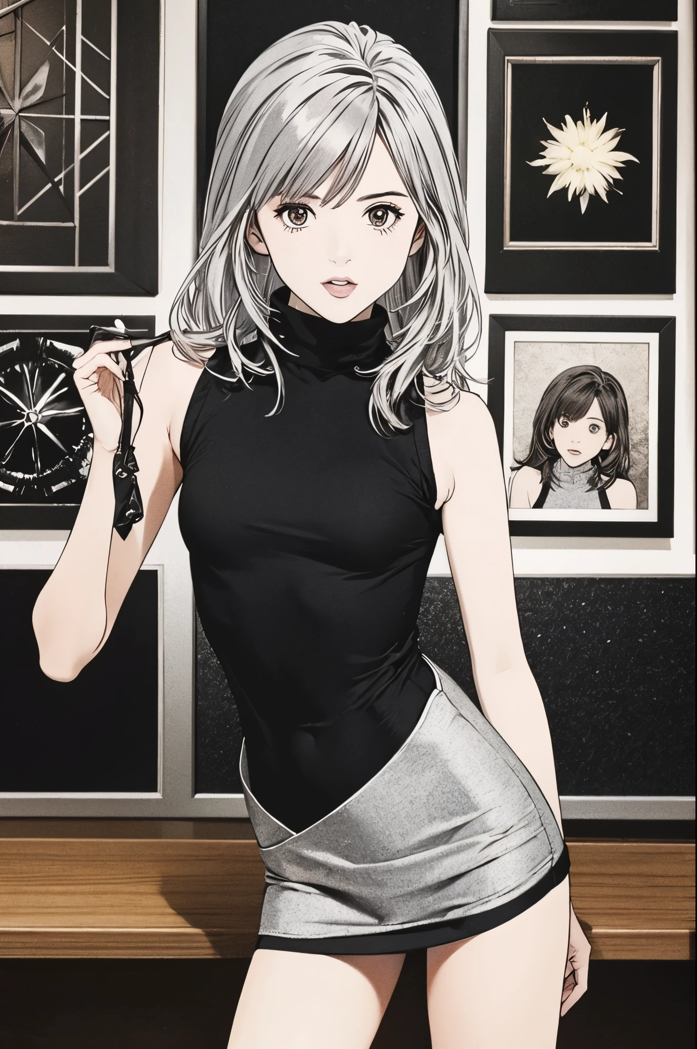   Masterpiece ,  high definition ,  best quality, Illustration,   super detailed ,  detailed face ,  DETAILS EYES ,  best quality,  super detailedな,( 1 girl,Silver Hair,),(grey turtleneck sweater dress,Backless, sleeveless),Lean forward, stretch your back to capture the natural beauty and personality of the , Stylish Cafes  ,Thief、Female Thief 、 sexy、
