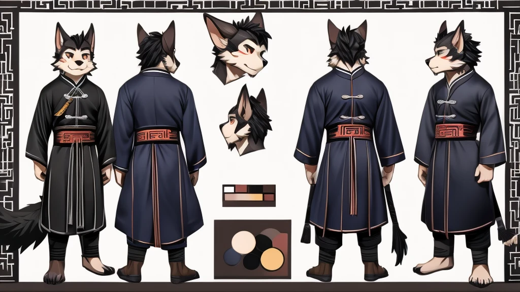    no background、  cute Chinese-style werewolf boy character model sheet。It depicts the same character from 3 angles 、 Model sheet of the ,