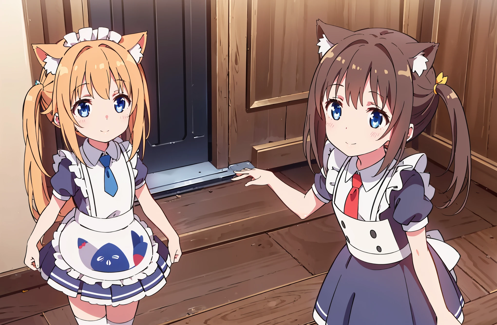 a girl, long hair , orange, Alta resolución, smile, blush, blue eyes, Alta resolución, masterpiece, necessary, Anatomically correct , lyrics, very detailed, , Cat ears, Short, skirt,maid, Maid,white, negro , WITH, Tie in a room, nekopara