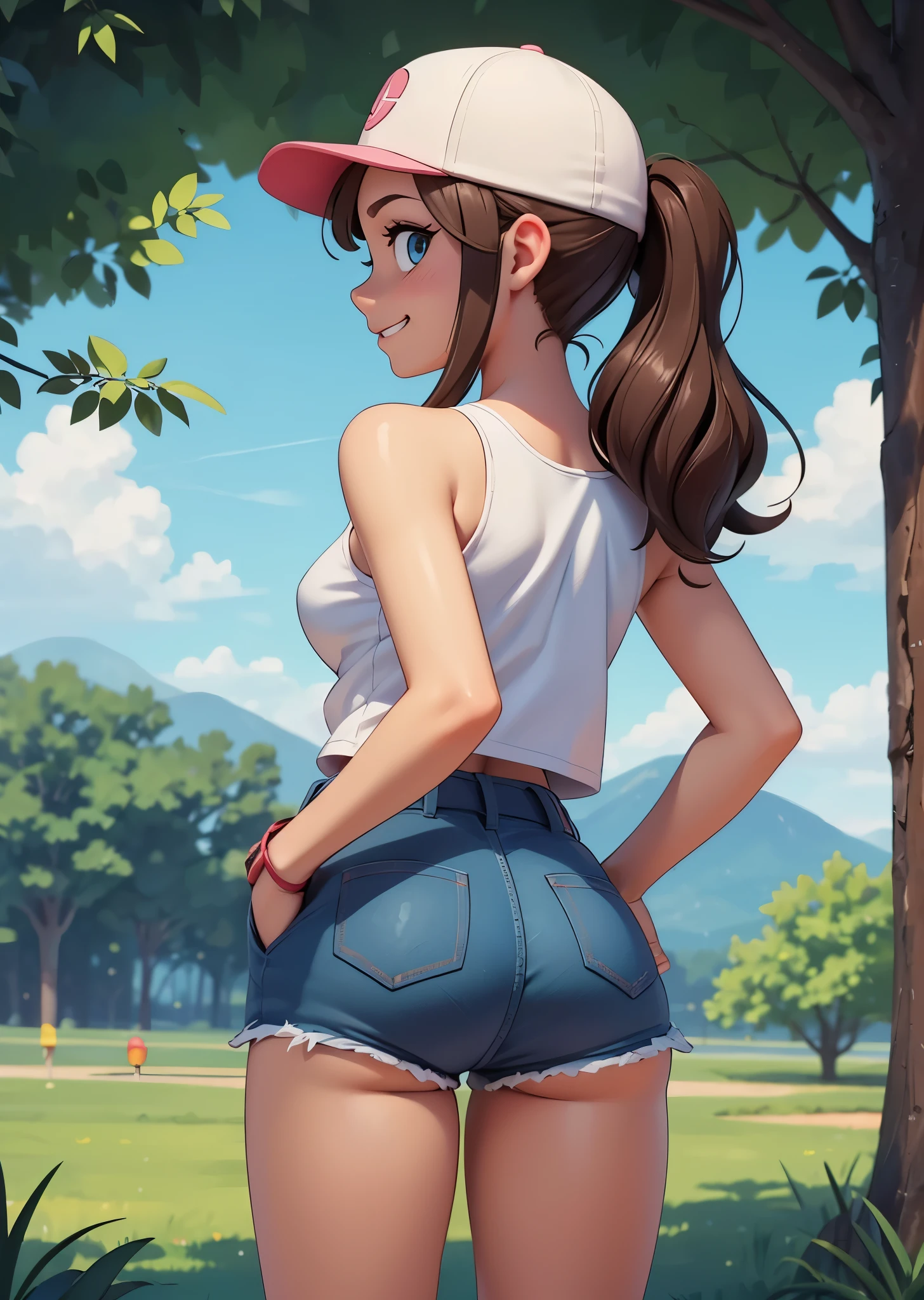 [hilda \(pokemon\)], [Pokemon], ((masterpiece)), ((HD)), ((high res)), ((solo portrait)), ((back view)), ((waist up)), ((cute anime aesthetic)), ((detailed shading)), ((intricate details)), {(attractive figure), (brown hair), (long ponytail), (cute blue eyes), (small breasts), (curvy hips), (beautiful legs), (smug grin)}, {(white tank top), (short jean shorts), (exposed pockets), (white baseball cap with pink brim)}, {(hand on hip), (looking back at viewer)}, [ambient lighting, plains, park, sun rays, trees, sunset]