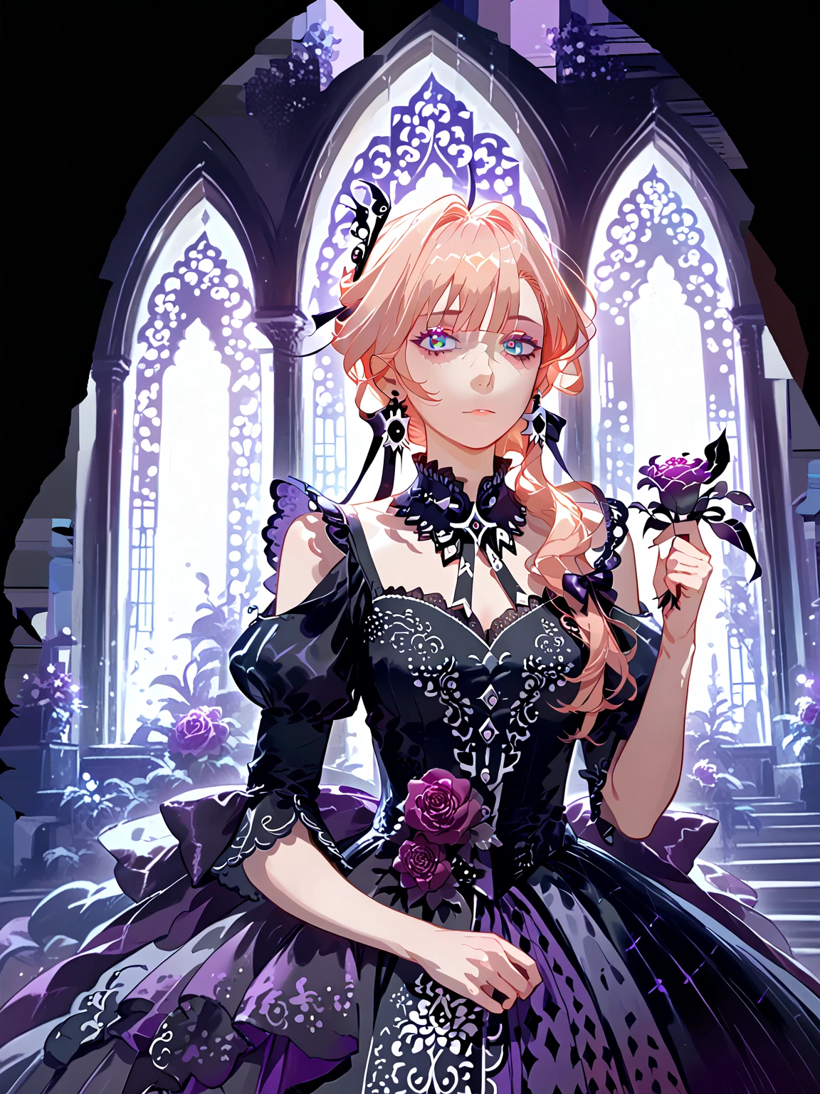 ((masterpiece,highest quality)),One girl,Beautiful fine details, detailedな顔, (whole body:1.2), 1 girl, solo, "A young woman wearing a striking gothic-inspired dress with a short layered skirt in deep purple and black hues. The bodice features intricate crisscross lacing and shimmering star-like accents. Voluminous fabric drapes elegantly over one shoulder, adorned with bold purple roses and ribbons, creating an asymmetrical and dramatic look. She is striking a confident pose, with one hand resting on her hip and the other delicately holding the edge of the draped fabric. The background is a moonlit gothic castle courtyard, with faint glowing lanterns and mist swirling around. The camera angle is slightly low, capturing her from a three-quarter view to emphasize her commanding presence and the intricate details of the dress."