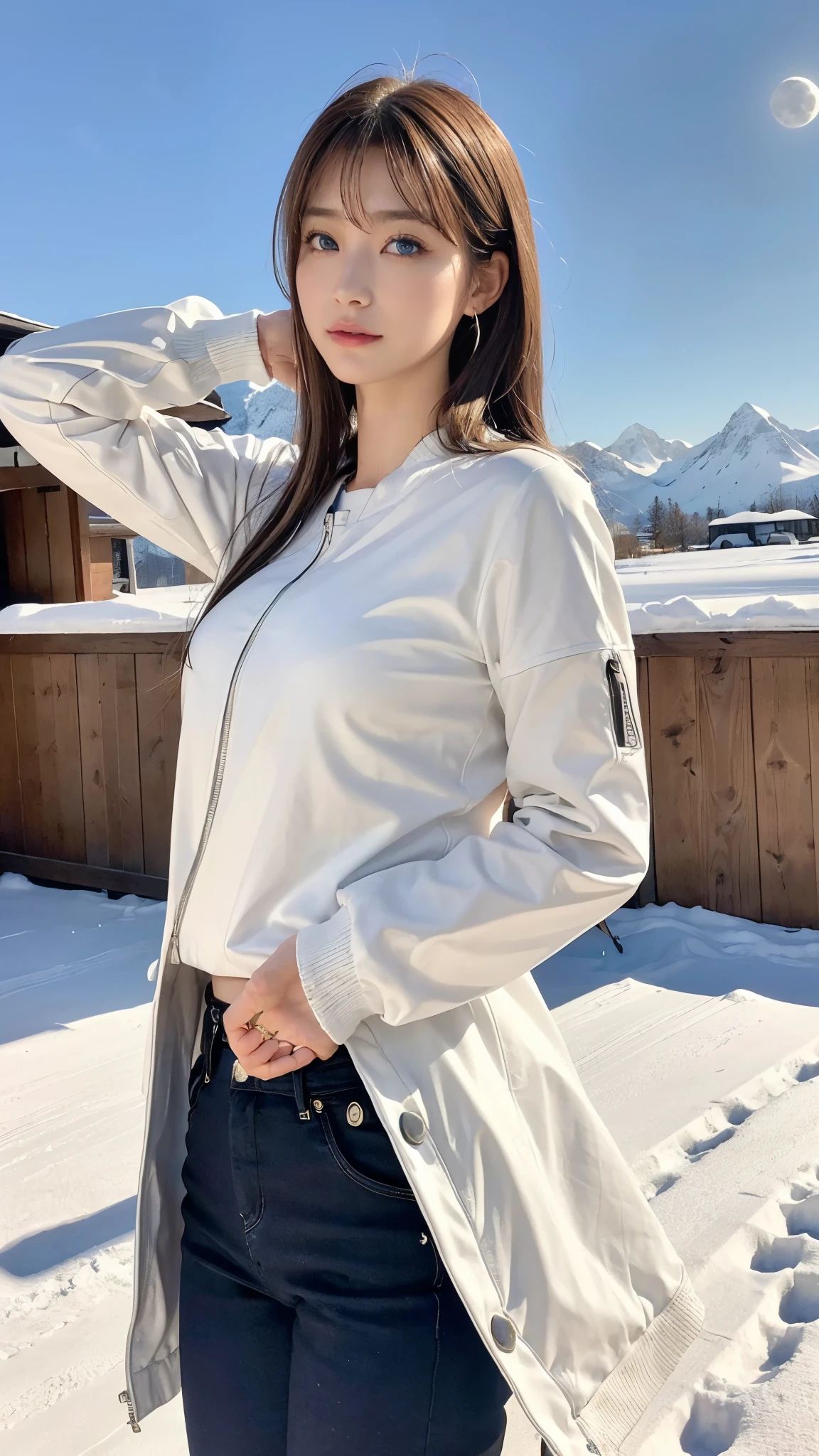 A woman standing in the snow wearing a white jacket - SeaArt AI