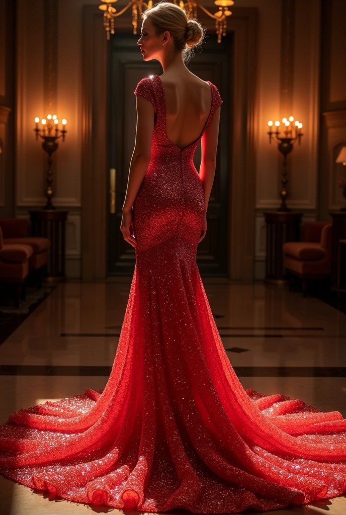 An alluring woman shrouded in a 4-meter-long, plush red satin cloth, half nude, tightly bound and grandly draping along the form of her body, flowing off into a pooled floor-length train, styled in a mermaid-inspired outfit, her head modestly veiled in a satin hijab, in hotel loby, a full-body pose conveying a sense of mysterious elegance, captured in a 4k resolution, ultra-realistic