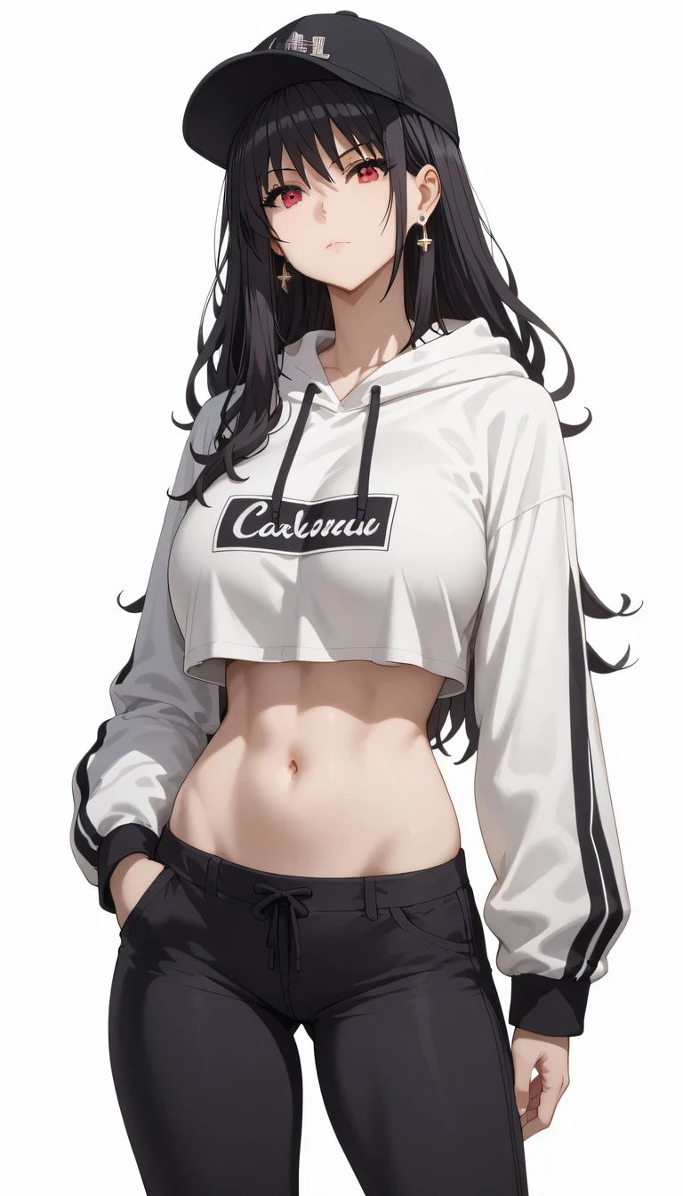 Source anime, Tall girl, Fit girl,score_9, score_8_up, score_7_up, score_6_up, uncensored, claire kagenou, long hair, black hair, red eyes, huge breast,Thigh thighs,  1girl, solo, drawstring, hat, navel, long_hair, baseball_cap, midriff, pants, black_hair, hood, looking_at_viewer, black_pants, hand_in_pocket, white_background, crop_top, crop_top_overhang, long_sleeves, cowboy_shot, simple_background, hoodie, hood_down, closed_mouth, jewelry, wavy_hair, earrings, stomach, cropped_hoodie, standing, multicolored_clothes, black_headwear,