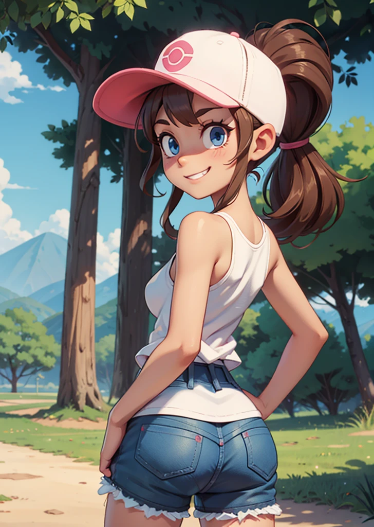 [hilda \(pokemon\)], [Pokemon], ((masterpiece)), ((HD)), ((high res)), ((solo portrait)), ((back view)), ((waist up)), ((cute anime aesthetic)), ((detailed shading)), ((intricate details)), {(attractive figure), (brown hair), (long ponytail), (cute blue eyes), (small breasts), (curvy hips), (beautiful legs), (smug grin)}, {(white tank top), (short jean shorts), (exposed pockets), (white baseball cap with pink brim)}, {(hand on hip), (looking back at viewer)}, [ambient lighting, plains, park, sun rays, trees, sunset]