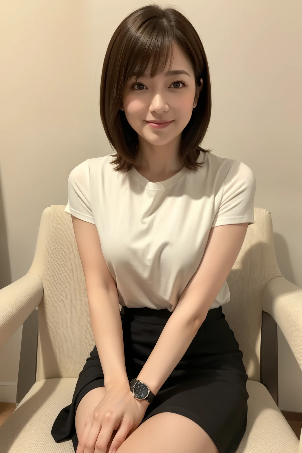 (masterpiece:1.3), (8k, Realistic, Raw photo, highest quality: 1.4), (Medium Hair:1.3), (Real Skin), Beautiful Skin, Charm, Ultra High resolution, Ultra-realistic, High resolution, Big Breasts:1.5、Smiling face:1.5、beauty secretary:1.5、office:1.5、short hair:1.5、Sleeveless blouse:1.5、Very large breasts:1.5、Sitting in a chair:1.5、mini skirt:1.5