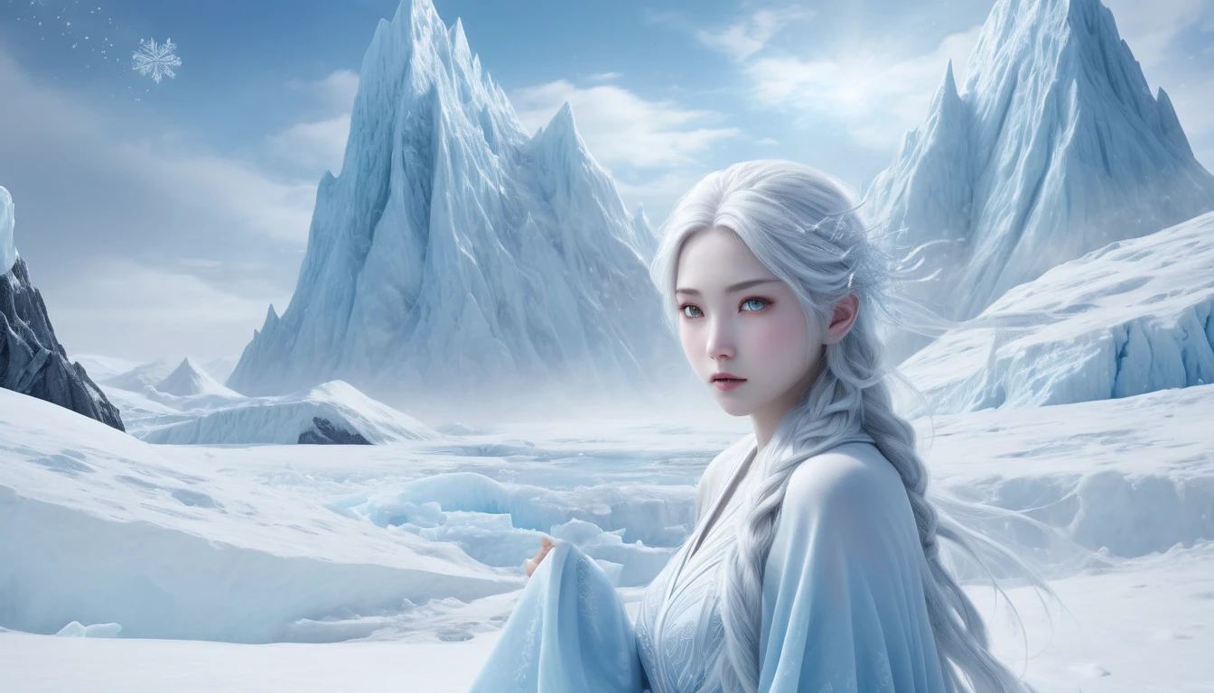 (((  surrenders ))) photograph,( super detailed face),((light)),A hyper-realistic and hauntingly beautiful depiction of a very young Yuki-onna, appearing as a 5 or  girl, standing amidst a stark Antarctic ice mountain landscape. Her porcelain-white skin glows softly against the icy blue and white surroundings, making her appear both delicate and otherworldly. Her short, silky hair, as white as freshly fallen snow, frames her round face and flows lightly in the icy breeze. Her wide, innocent icy blue eyes sparkle with a mix of curiosity and an eerie, otherworldly chill, evoking both tenderness and a sense of mystery. She wears a simple, flowing robe made of translucent, ice-like fabric that wraps around her small frame, shimmering as if woven from frost itself. Snowflakes and frost swirl gently around her tiny bare feet, and her very presence causes the air to shimmer with a soft, frosty glow. Towering, jagged ice mountains rise behind her, their peaks bathed in the pale light of a frozen sun, creating a scene of breathtaking beauty and quiet enigma