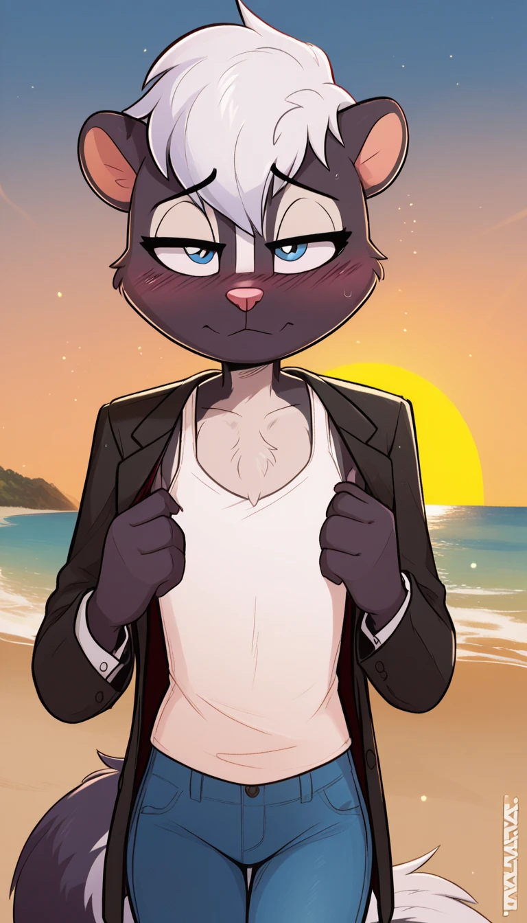 masterpiece, best quality, nervous expression, male, anthro, furry, black fur, fluffy fur, French skunk boy, furry, skunk ears, animal nose, cute eyes, blue eyes, skunk tail, white hair, short hair, (white hair), solo, (beach), sunset, detailed, French black tuxedo suit with a white tank top, blue jeans, shy, head tilt, adult (19 years), flat chest, thick thighs, half-closed eyes, blush, looking at the viewer, standing, (kilinah), light particles, score_9, score_8_up, score_7_up, score_6_up, score_5_up, score_4_up