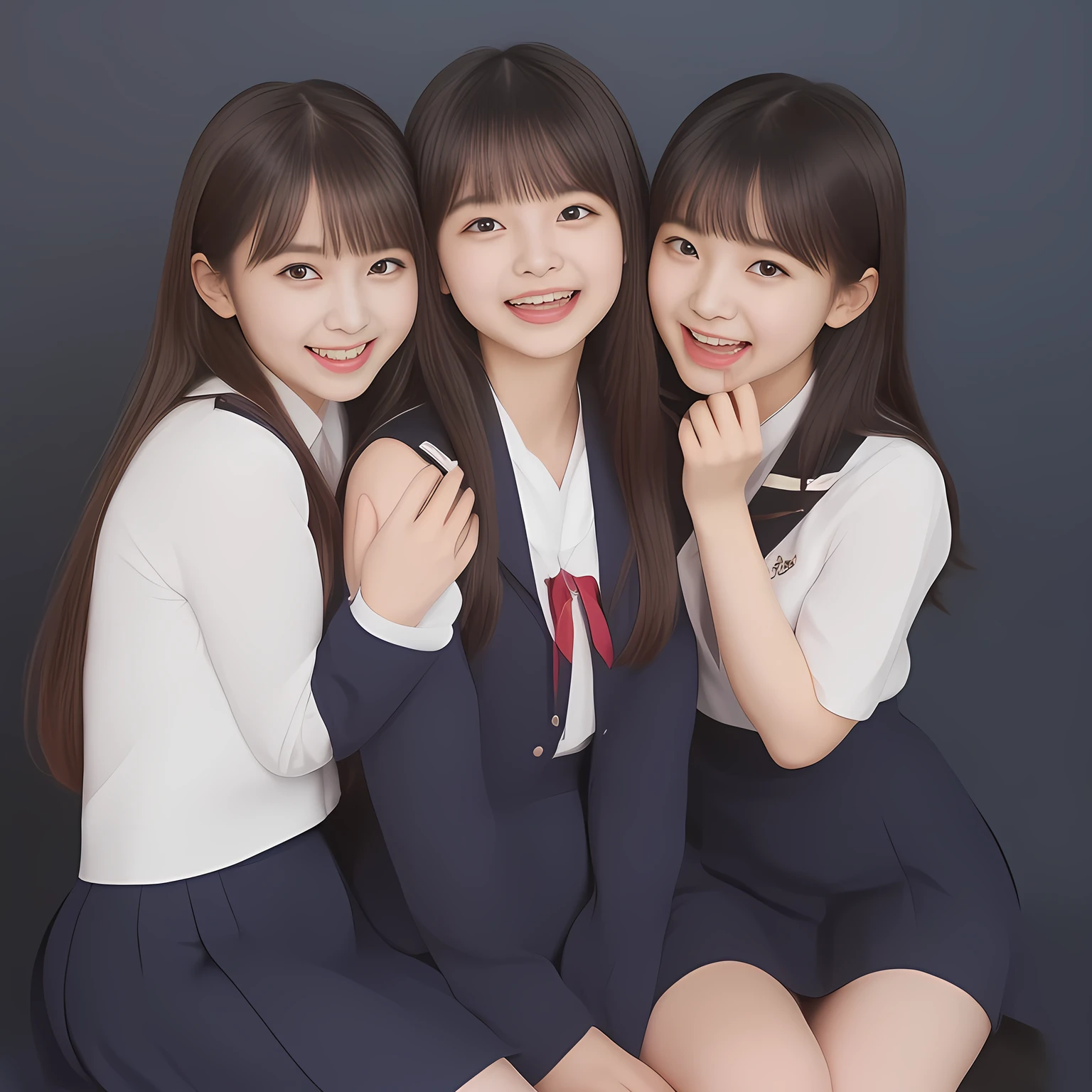 (Highest quality, masterpiece:1.2), Highest quality, High resolution, 1080P, 8k, (Two **** Japanese 美少女アイドル are seated and give strong subliminal sexual invitation and temptation, undressing navy uniform, cute skirt with beautiful knees, looking at the viewer, can't stop showing cute smile open mouth because of feeling the viewer too ridiculous, very white-white face, very proud of her long straight black hair, using face-whitening cosmetics, **** 美少女's eyes, Small pupils, opened laughing giggling most open mouth, too expensive navy sailor-styled school uniform, well-straitened super-long well-trimmed long hair, evenly neatly trimmed girly cute bangs: 1.5), (Laughing blushed cheeks with dimples), (Well-balanced, impressive, very intelligent, double-eyelids, black shining large eyes of **** 美少女 with detailed: 1.5), ((Beautiful well-figured glossy opened laughing lips: 1.2)), (mature breast), (The viewer can't stop madly kissing them because of her beauty and subliminal strong invitation), (Very beautiful, super-glossy, cute neat black amazingly long hair, straight well-done long hair-style: 1.3), (plain blue background: 1.6), (((Completely balanced beautiful big cool eyes, looking coldly at me!: 1.3))), (eyes, face and hair are especially beautifully detailed and beautifully drawn: 1.5), (The soft white light clearly shows her face extremely white: 1.2), (the viewer become crazy and can't stop bursting and running every liquid to 美少女: 1.7), (School uniform, too-cute slender 13歳 super-long-hair Japanese 美少女 idol twins are laughing at me and covering viewer, super-widely open laughing mouth, everything is girly, neat and too beautiful: 1.6), (Super long hair super-beautiful 美少女 **** super-cute-face navy-sailor-suit school-uniform pretty slender young idol of 美少女 photo magazine in 1990: 2.0), (Inevitable subliminal invitation and temptation to the eternal deep deep unreal pleasure of girl's voice of laughter and ridicule: 2.0)