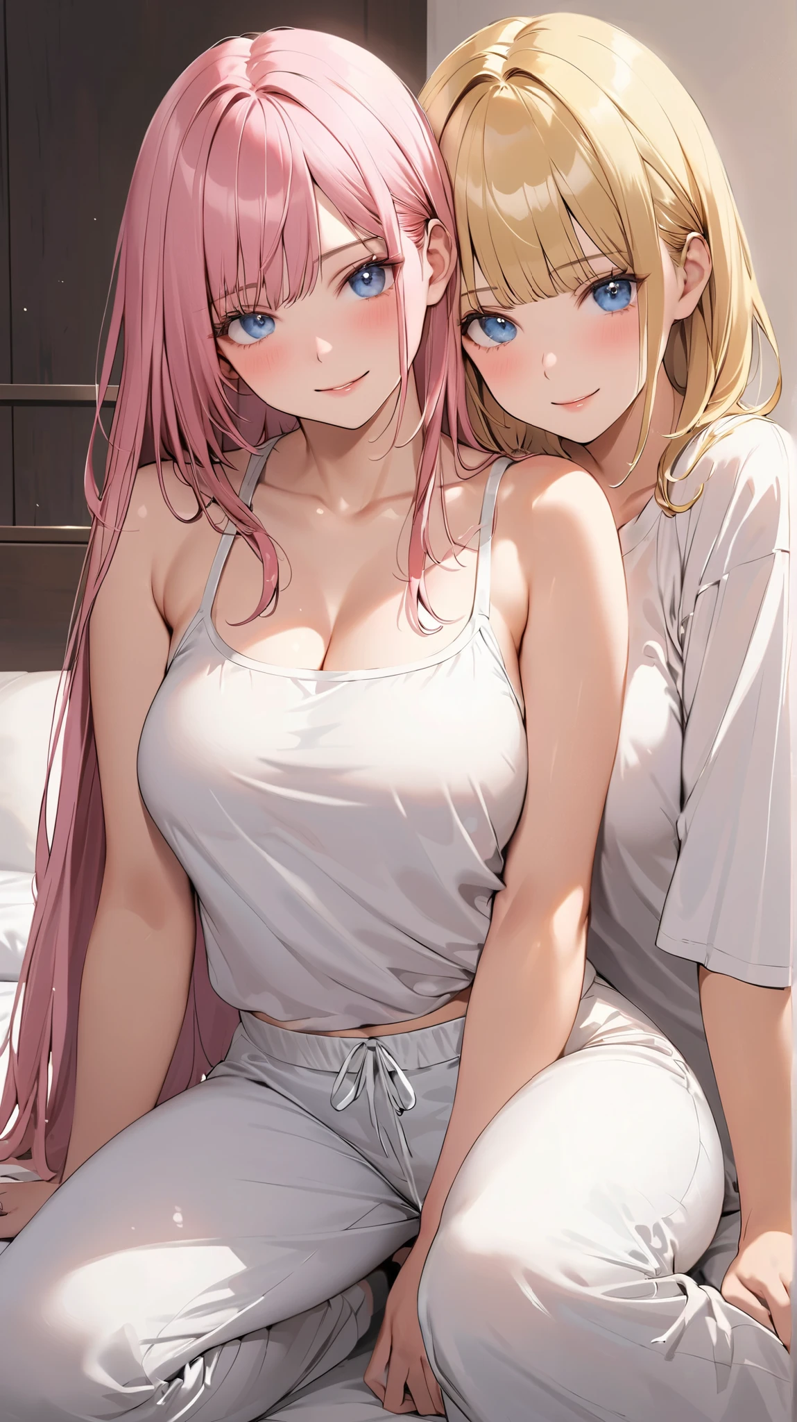 Light pink hair、Side tail hair on the right、Light blue dress、Pale pink eyes、Large breasts、Anime