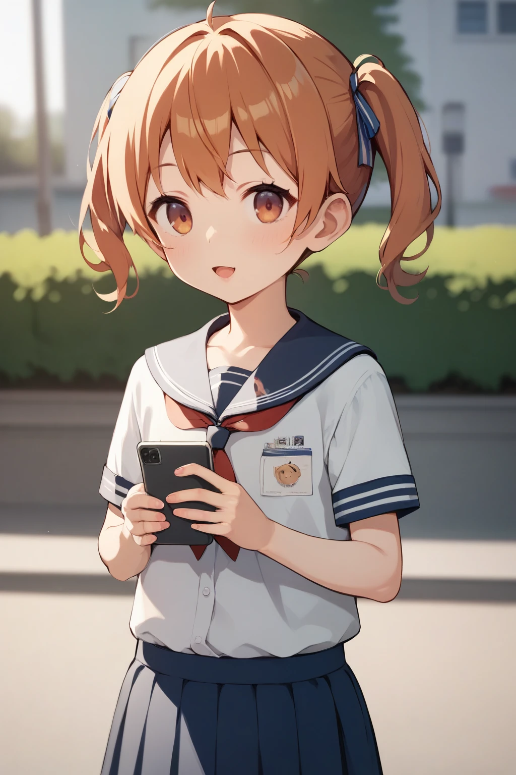  score_9,  score_8_up,  score_7_up,  score_6_up, Anime BREAK，nsfw，( detailed biography  :1.2)， fisheye lens， very young and cute girl ， short， toddler figure ， flat chested，A  is wearing a uniform 、 going to school with her ginger colored cat， sarcasm ，