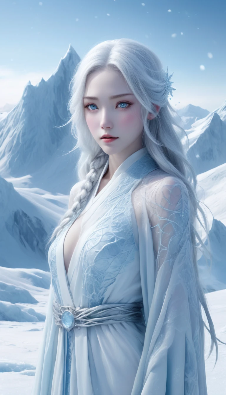 (((  surrenders ))) photograph,( super detailed face),((light)),A hyper-realistic and hauntingly beautiful depiction of a very young Yuki-onna, appearing as a 5 or  girl, standing amidst a stark Antarctic ice mountain landscape. Her porcelain-white skin glows softly against the icy blue and white surroundings, making her appear both delicate and otherworldly. Her short, silky hair, as white as freshly fallen snow, frames her round face and flows lightly in the icy breeze. Her wide, innocent icy blue eyes sparkle with a mix of curiosity and an eerie, otherworldly chill, evoking both tenderness and a sense of mystery. She wears a simple, flowing robe made of translucent, ice-like fabric that wraps around her small frame, shimmering as if woven from frost itself. Snowflakes and frost swirl gently around her tiny bare feet, and her very presence causes the air to shimmer with a soft, frosty glow. Towering, jagged ice mountains rise behind her, their peaks bathed in the pale light of a frozen sun, creating a scene of breathtaking beauty and quiet enigma