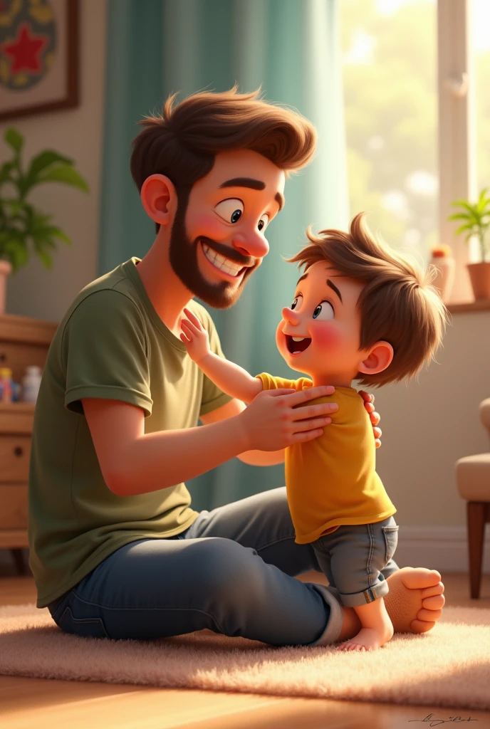 men white skin hair brown color brown eyes very loving with his son pixar style white background