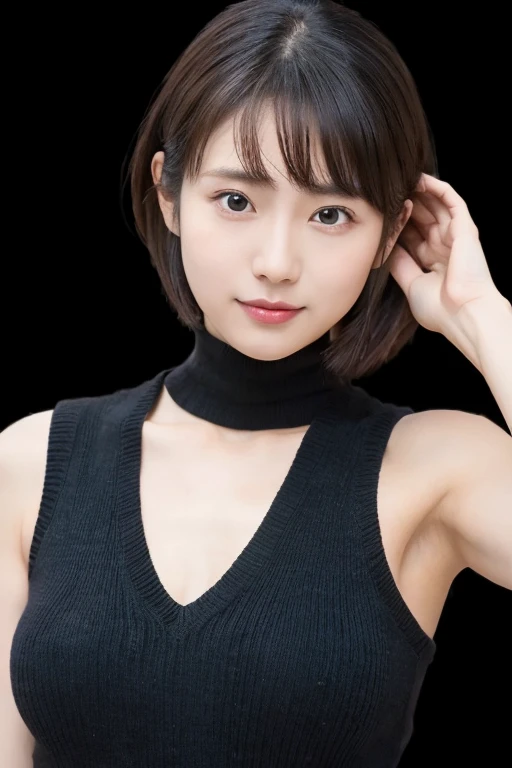 (masterpiece, best quality, perfect anatomy, highres, 8k, realistic, photorealistic, natural skin texture:1.2), 1girl, solo. Japanese, age20, very cute, tanukigao. large breasts, (thin black sleeveless long length turtle neck knit), (Put her hands behind her head:1.2), perfect figure, (black background), looking at viewer, spot lighting, from front, half shot