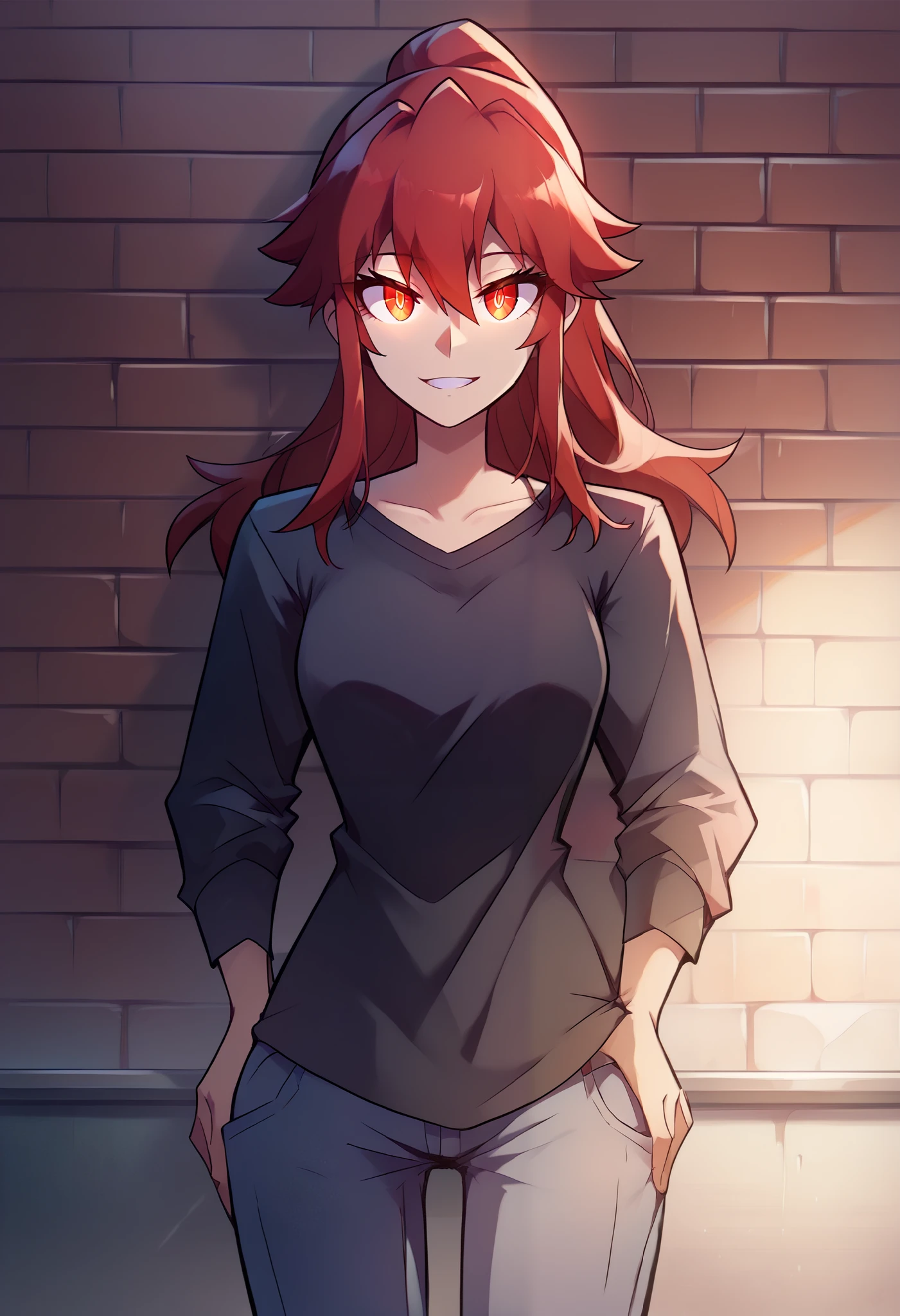 akemiaizawa, akemi aizawa, (red eyes : 1.3), red hair, medium hair, ponytail, smile, BREAK shirt, long sleeves, collarbone, black shirt, pants, jeans, BREAK indoors, BREAK looking at viewer, (cowboy shot : 1.5), BREAK (masterpiece : 1.2), best quality, high resolution, unity 8k wallpaper, (illustration : 0.8), (beautiful and detailed eyes : 1.6), detailed face, perfect lighting, extremely detailed CG,