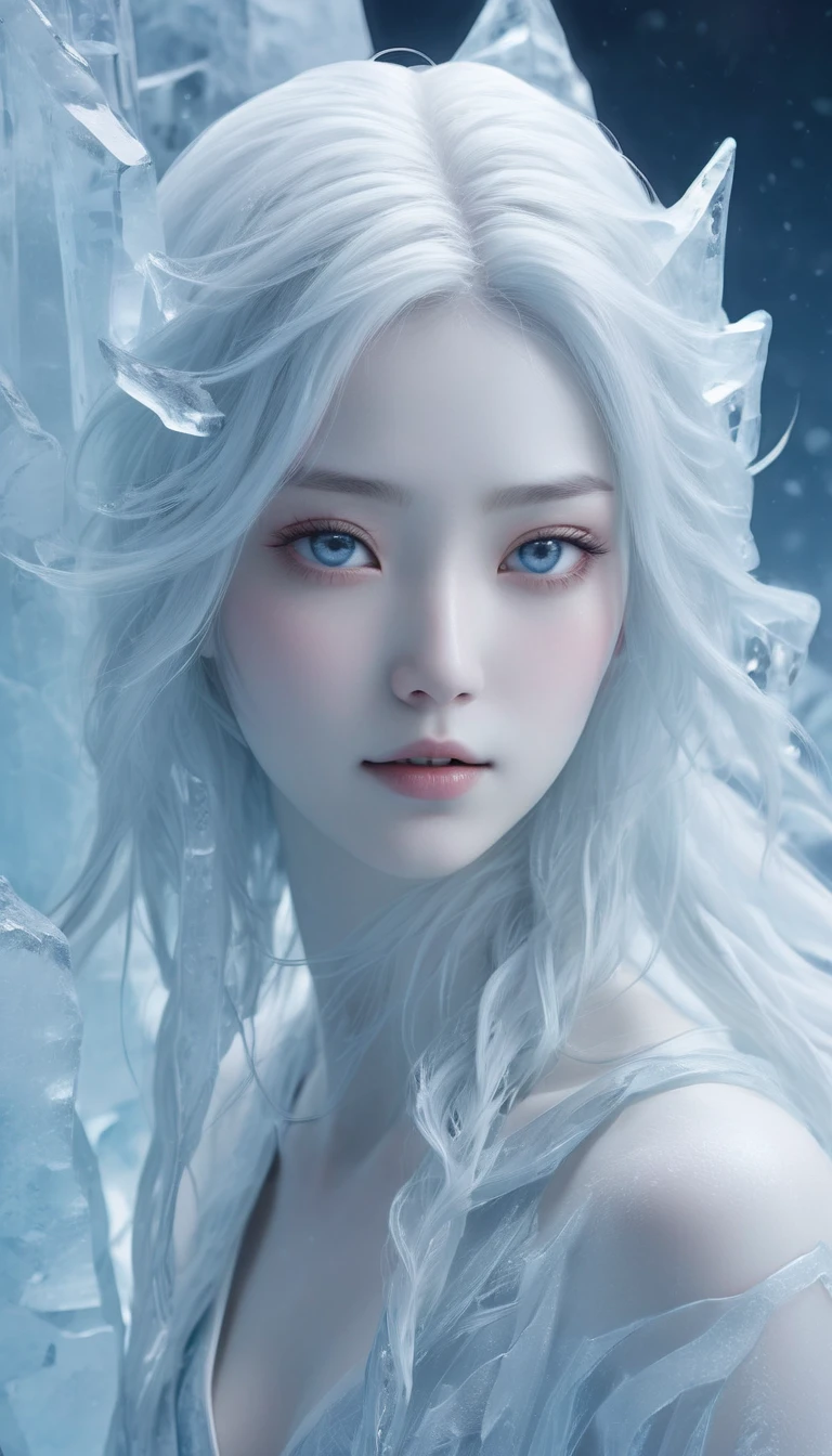 (((  surrenders ))) photograph,( super detailed face),((light)),A hyper-realistic and hauntingly beautiful depiction of a very young Yuki-onna, appearing as a 5 or  girl, encased within a massive, translucent block of glacial ice. Her porcelain-white skin and delicate features are perfectly preserved within the icy prison, glowing softly against the icy blue and white hues of her surroundings. Her short, snow-white hair appears frozen in mid-flow, as if captured by a sudden gust of wind, while tiny frost crystals cling to her locks. Her wide, icy blue eyes are open, staring out with an expression of serene stillness, tinged with an unsettling chill. She wears a flowing, translucent robe that seems to merge with the frost inside the ice, its intricate, frost-like patterns frozen in time. Snowflakes and shards of ice float in suspension within the block, shimmering faintly in the pale light of the frozen sun. Towering ice mountains form a stark backdrop, their jagged peaks reflecting the cold glow of the Antarctic landscape, amplifying the ethereal and haunting beauty of the scene