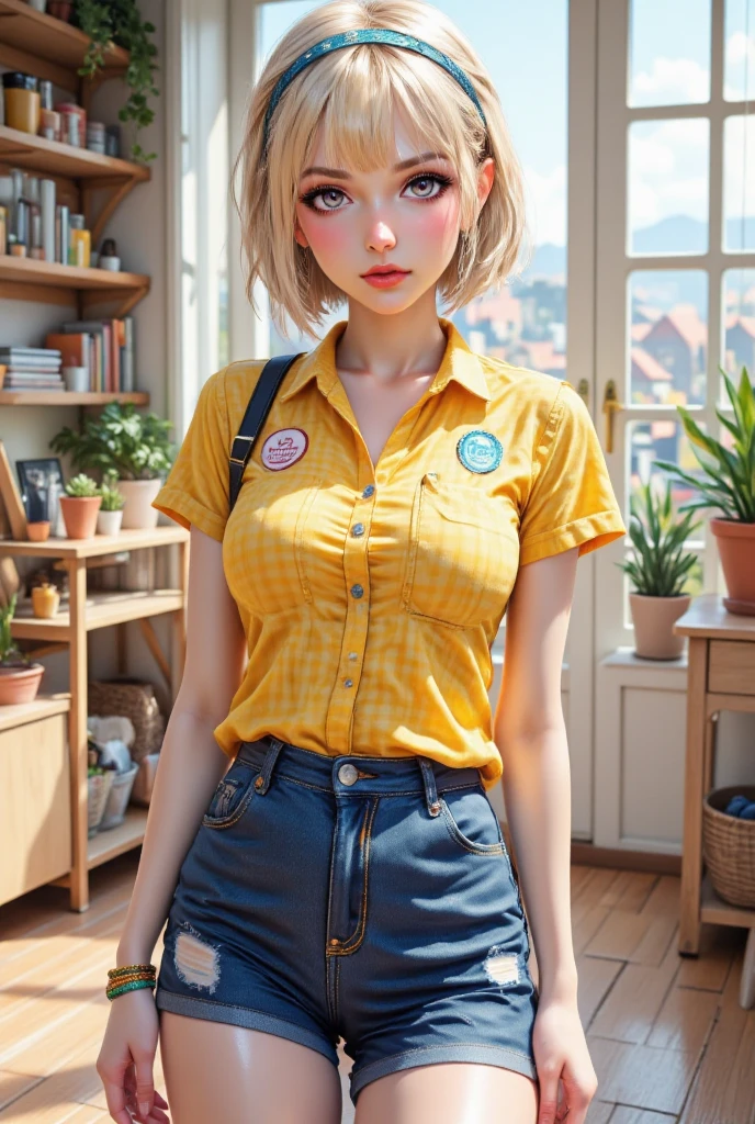  Girl Beautiful Cute with Beautiful short hair Braided in a pigtail with an elastic band,  blond hair,  beautiful big eyes ,  Bright Big Checkered Shirt , denim shorts,  Light Shoes , hand beads ,  Background Access to the balcony open windows Room ,  lots of small details , bright colors, 16K, masterpiece,  Complex details ,  best size , wallpaper, Cg,