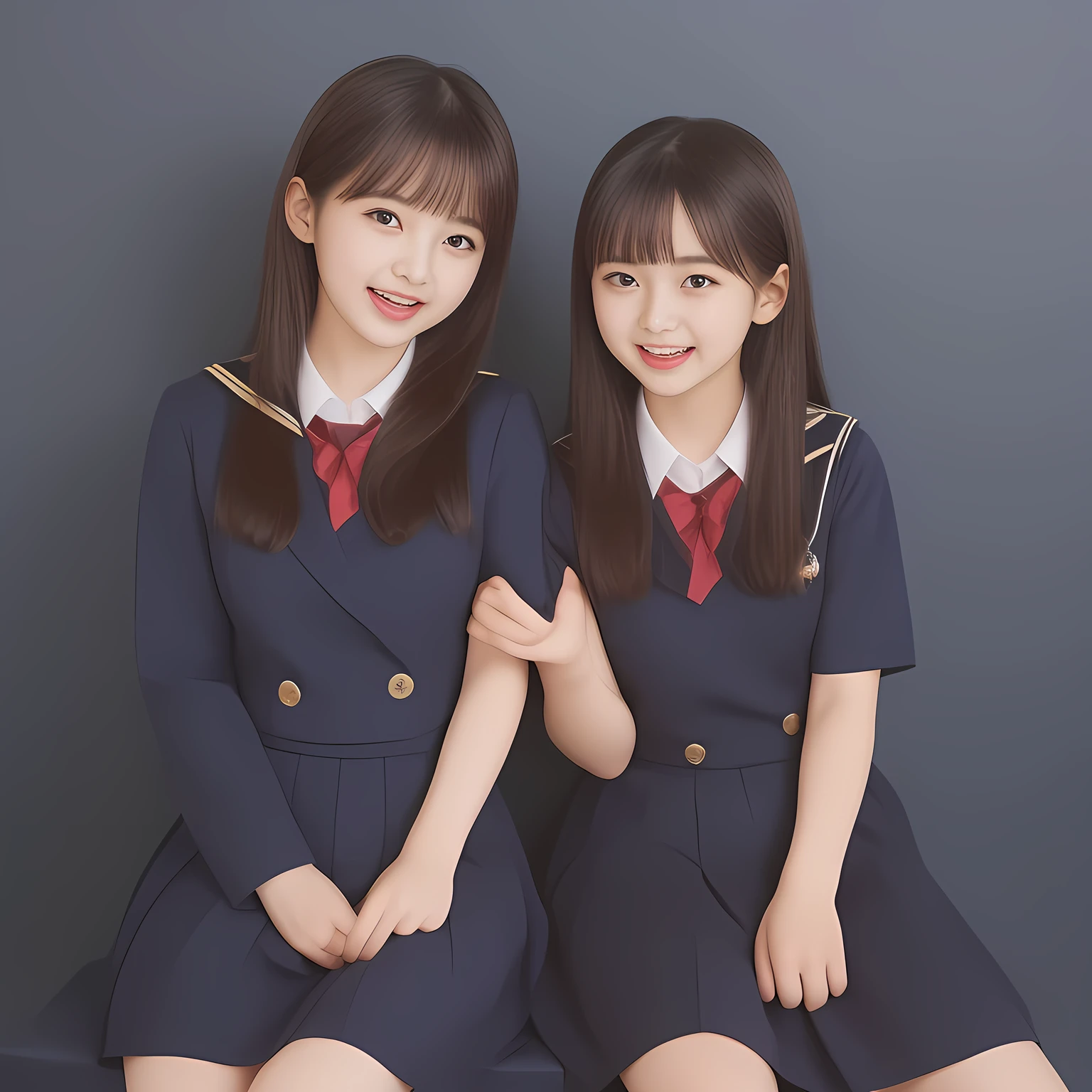 (Highest quality, masterpiece:1.2), Highest quality, High resolution, 1080P, 8k, (Two yo Japanese 美少女アイドル are seated and give strong subliminal sexual invitation and temptation, undressing navy uniform, cute skirt with beautiful knees, looking at the viewer, can't stop showing cute smile open mouth because of feeling the viewer too ridiculous, very white-white face, very proud of her long straight black hair, using face-whitening cosmetics, 13yo 美少女's eyes, Small pupils, opened laughing giggling most open mouth, too expensive navy sailor-styled school uniform, well-straitened super-long well-trimmed long hair, evenly neatly trimmed girly cute bangs: 1.5), (Laughing blushed cheeks with dimples), (Well-balanced, impressive, very intelligent, double-eyelids, black shining large eyes of 14yo 美少女 with detailed: 1.5), ((Beautiful well-figured glossy opened laughing lips: 1.2)), (mature breast), (The viewer can't stop madly kissing them because of her beauty and subliminal strong invitation), (Very beautiful, super-glossy, cute neat black amazingly long hair, straight well-done long hair-style: 1.3), (plain blue background: 1.6), (((Completely balanced beautiful big cool eyes, looking coldly at me!: 1.3))), (eyes, face and hair are especially beautifully detailed and beautifully drawn: 1.5), (The soft white light clearly shows her face extremely white: 1.2), (the viewer become crazy and can't stop bursting and running every liquid to 美少女: 1.7), (School uniform, too-cute slender 13歳 super-long-hair Japanese 美少女 idol twins are laughing at me and covering viewer, super-widely open laughing mouth, everything is girly, neat and too beautiful: 1.6), (Super long hair super-beautiful １３歳の美少女 super-cute-face navy-sailor-suit school-uniform pretty slender young idol of 美少女 photo magazine in 1990: 2.0), (Inevitable subliminal invitation and temptation to the eternal deep deep unreal pleasure of girl's voice of laughter and ridicule: 2.0)