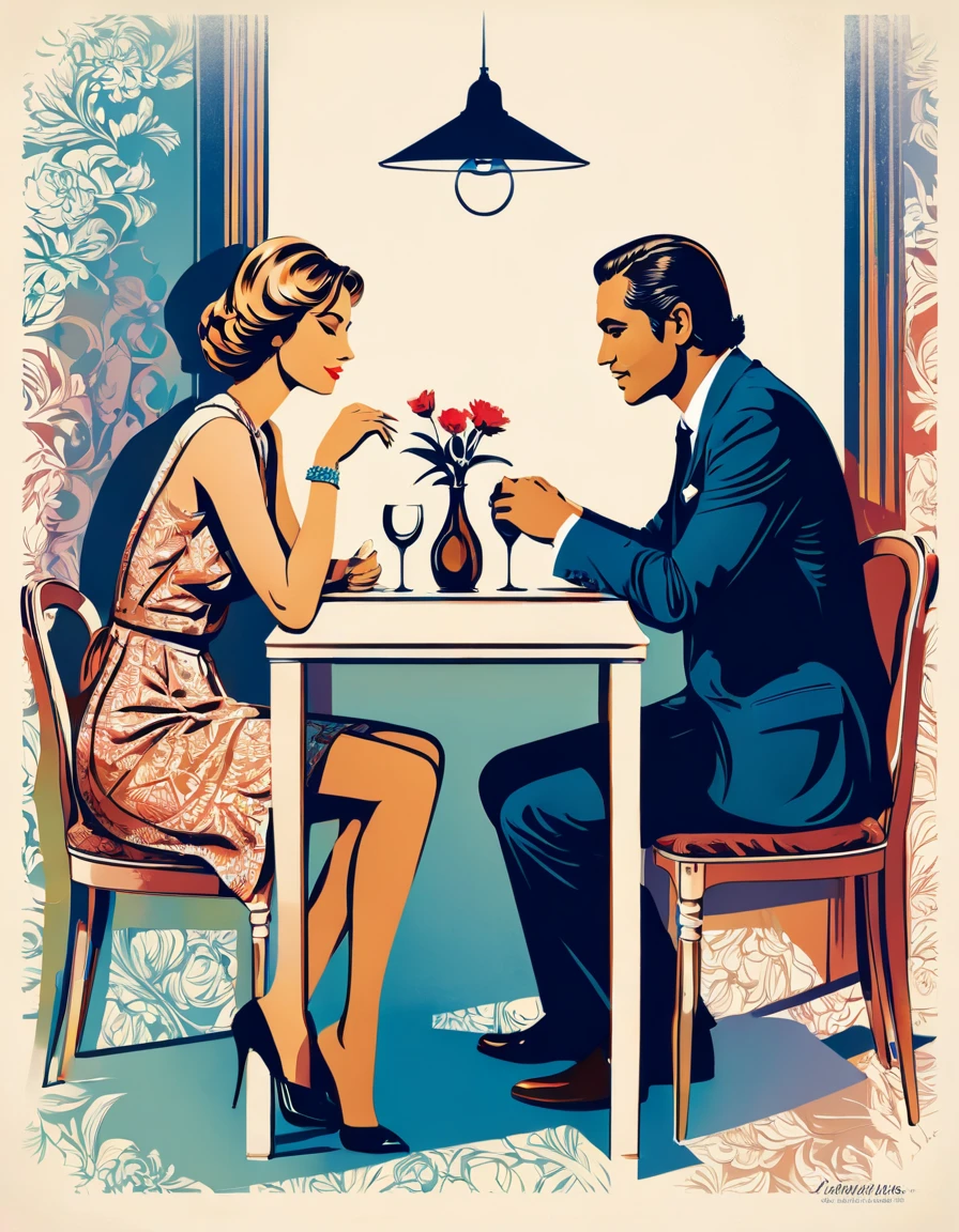 A man and a woman sitting facing each other at a table, intimacy, Intimate closeness, Chic colors. vector Art, Stamp Art. Inspired by Jan Zrzavý art, by Robert Peak, by Leonard Long, by Paul Mavrides. drawing