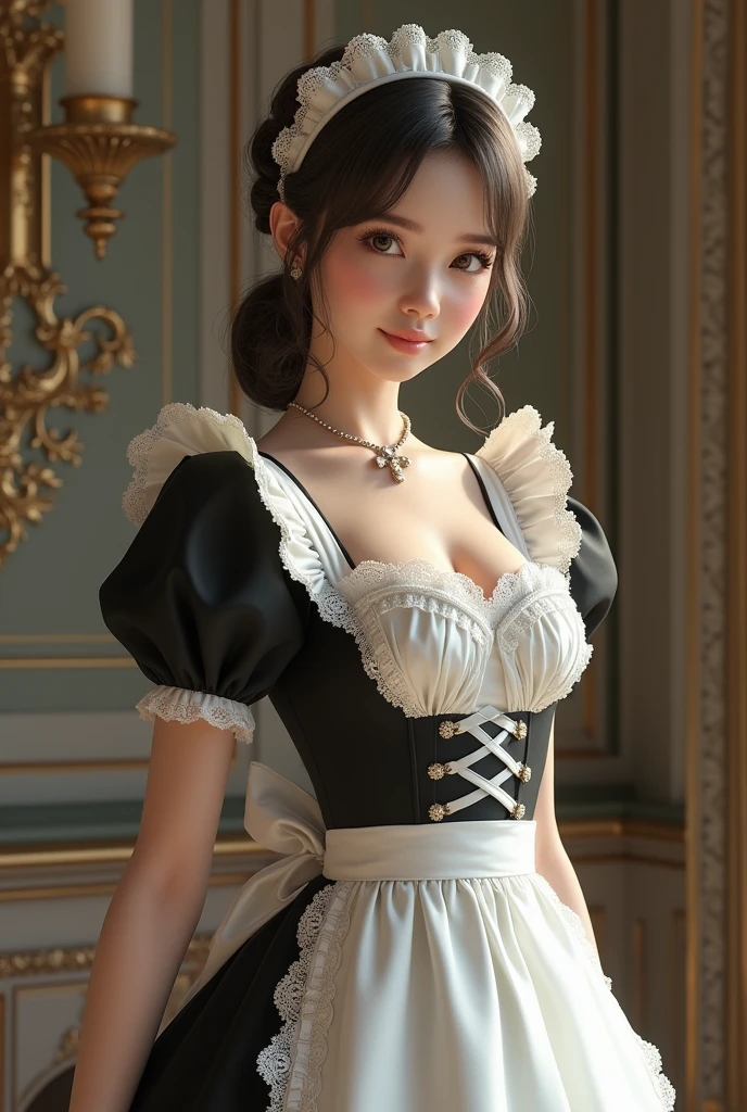 Maid Outfit, a beautiful maid with long flowing hair, detailed eyes, detailed lips, extremely detailed face, long eyelashes, intricate maid uniform with lace and ribbons, holding a feather duster, standing in a luxurious victorian-style room, window light, dramatic lighting, cinematic composition, highly detailed, photorealistic, 8k, masterpiece