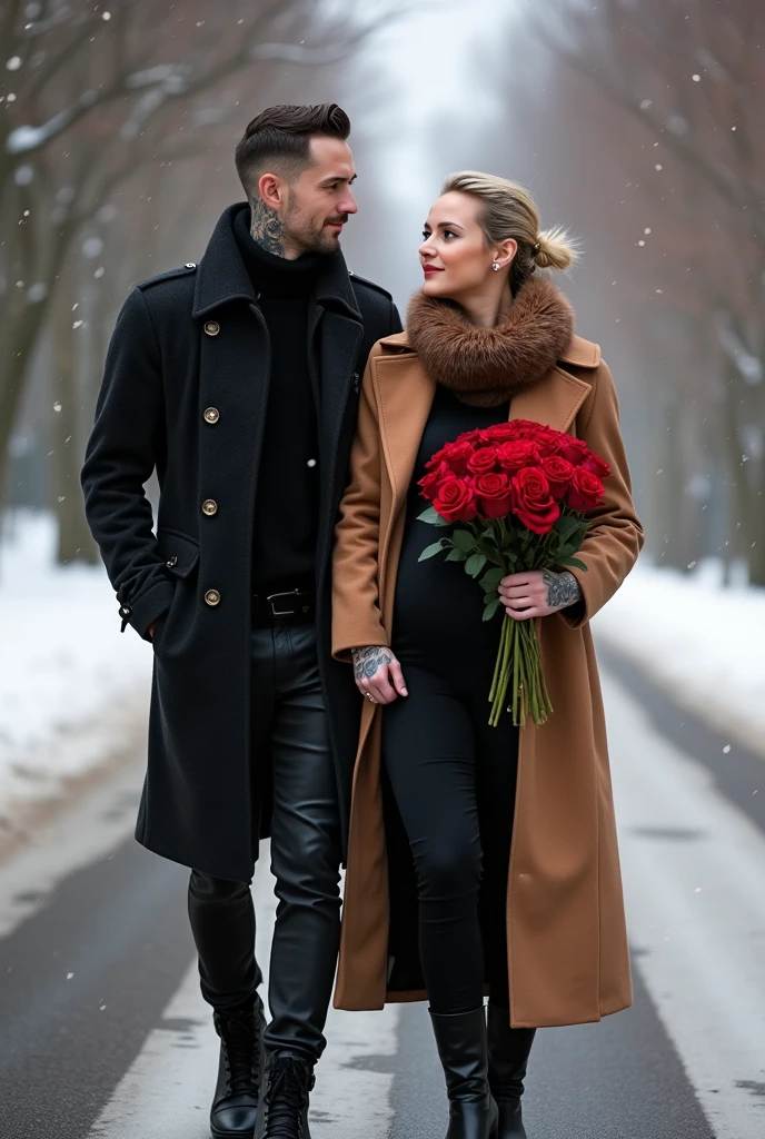 Girl with a man in the winter forest