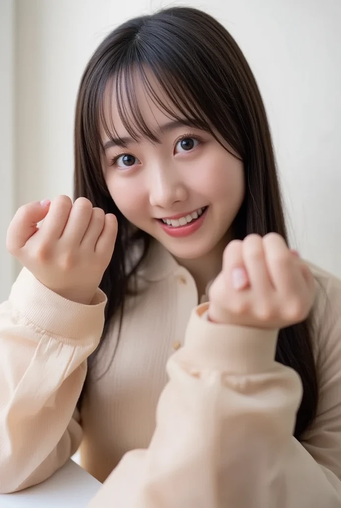 there is a woman that is making a gesture with her hands, chiho, of a youthful japanese girl, taken with canon eos 5 d, portrait of a japanese teen, kimi takemura, harumi, narumi kakinouchi, taken with canon eos 5 d mark iv, nishimiya shouko, young asian woman, a young asian woman