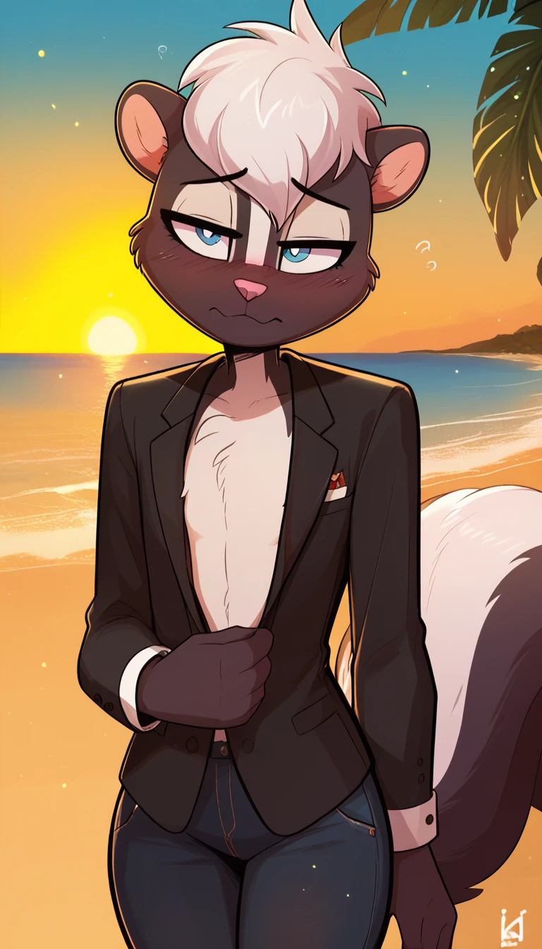 masterpiece, best quality, nervous expression, male, anthro, furry, black fur, fluffy fur, French skunk boy, furry, skunk ears, animal nose, cute eyes, blue eyes, skunk tail, white hair, short hair, (white hair), solo, (beach), sunset, detailed, French black tuxedo suit with black tuxedo jeans, shy, head tilt, adult (19 years), flat chest, thick thighs, half-closed eyes, blush, looking at the viewer, standing, (kilinah), light particles, score_9, score_8_up, score_7_up, score_6_up, score_5_up, score_4_up